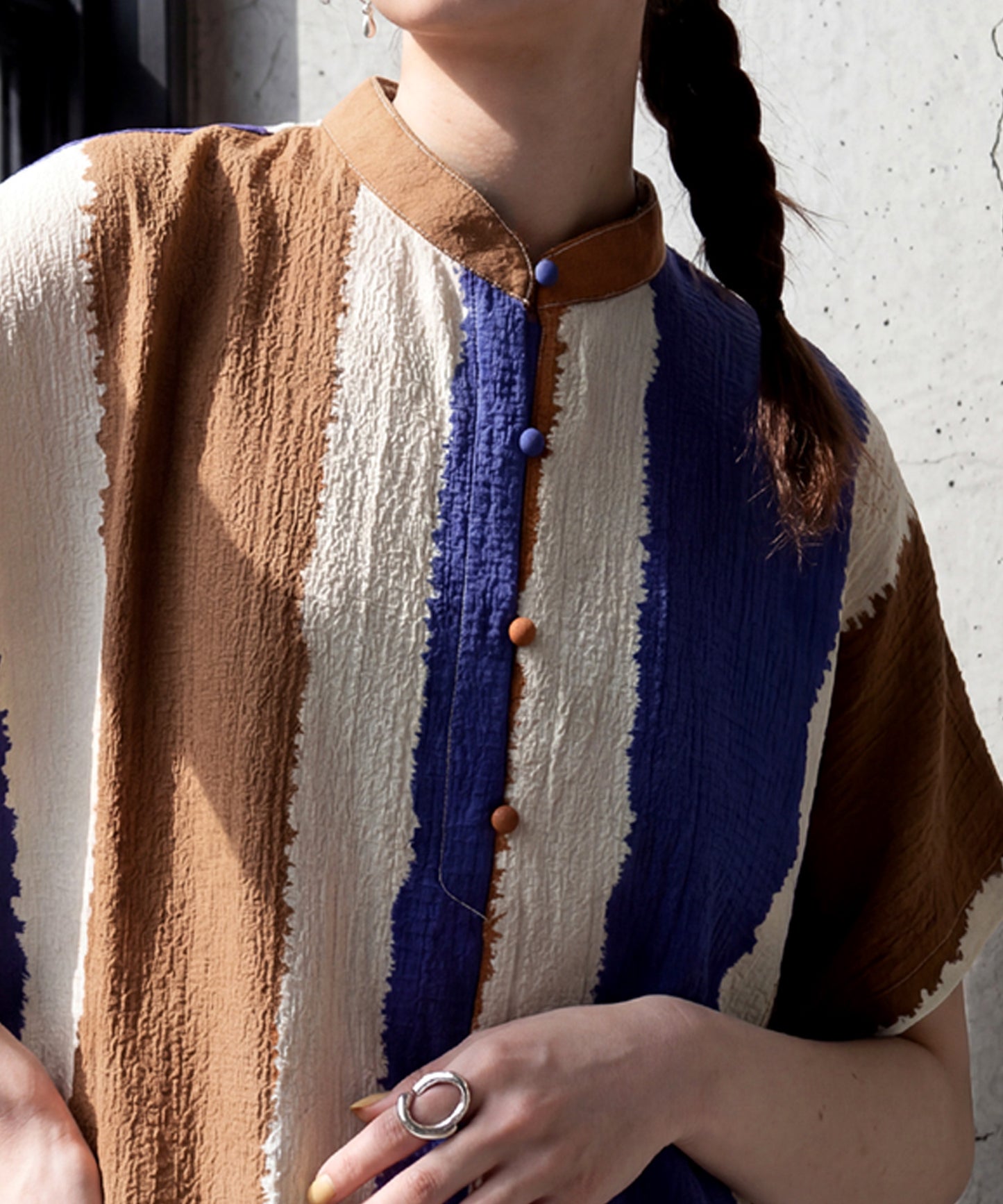 Striped Band Collar Blouse Ladies