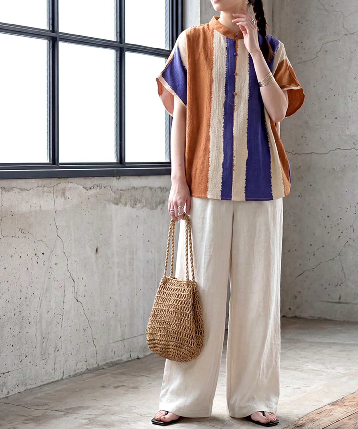 Striped Band Collar Blouse Ladies