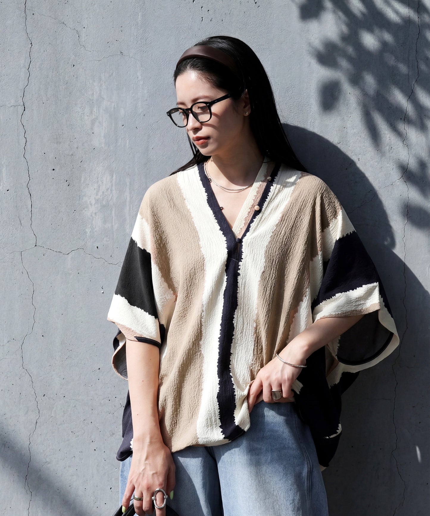 Striped Band Collar Blouse Ladies