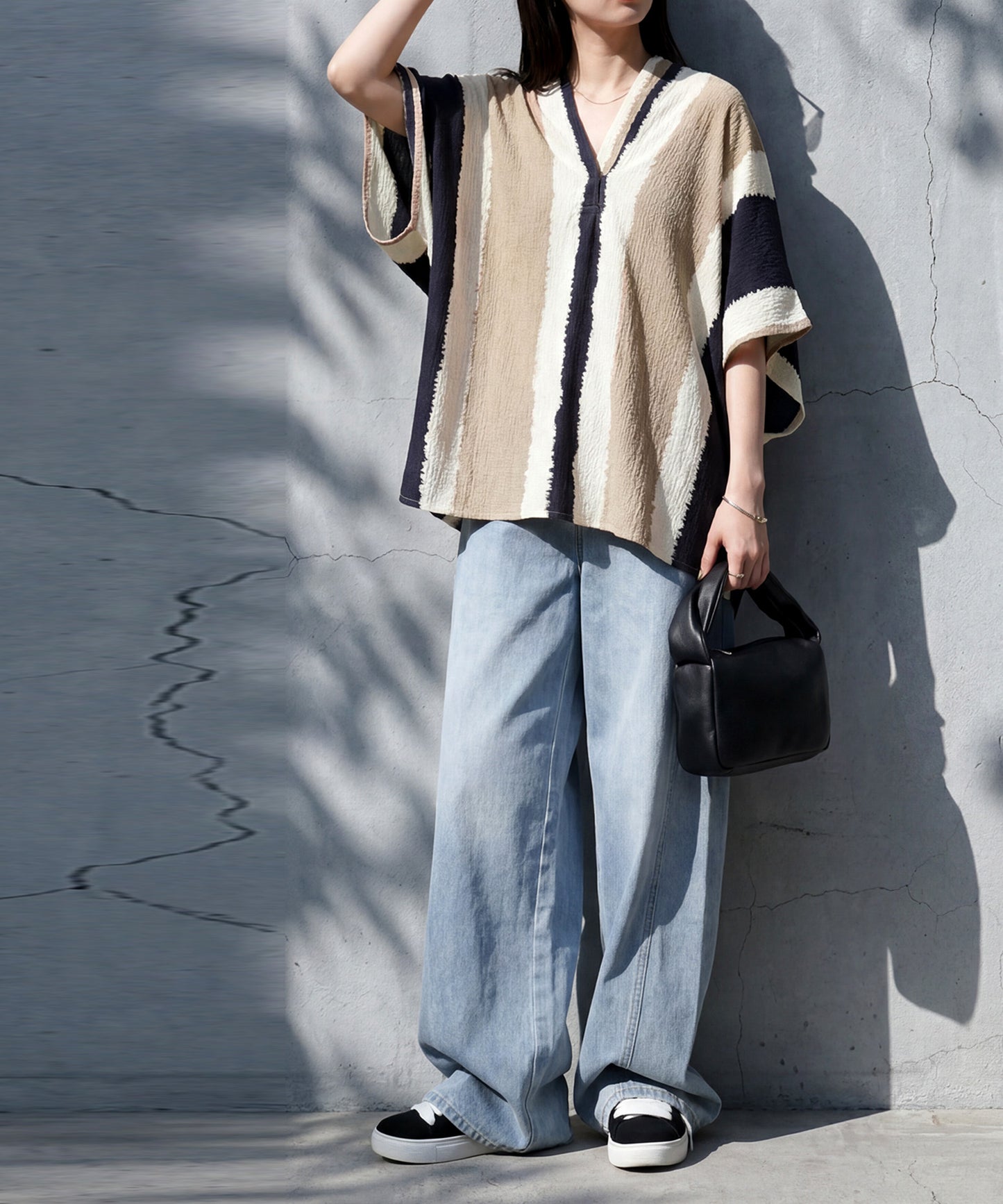 Striped Band Collar Blouse Ladies