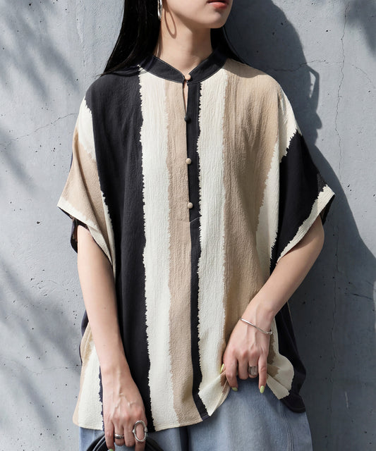 Striped Band Collar Blouse Ladies