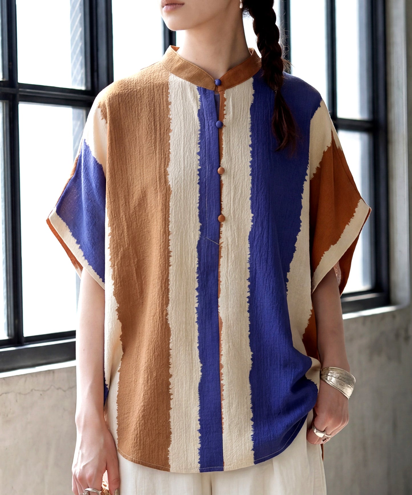 Striped Band Collar Blouse Ladies