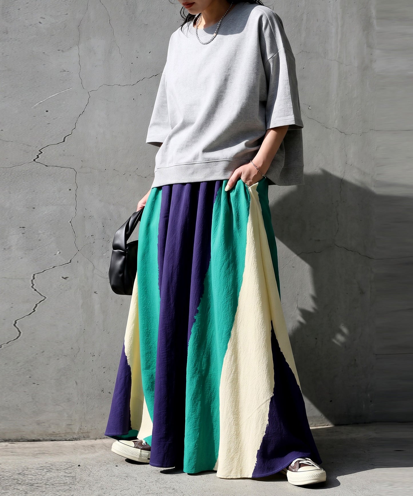Striped, Color-Blocked Flared Skirt Ladies