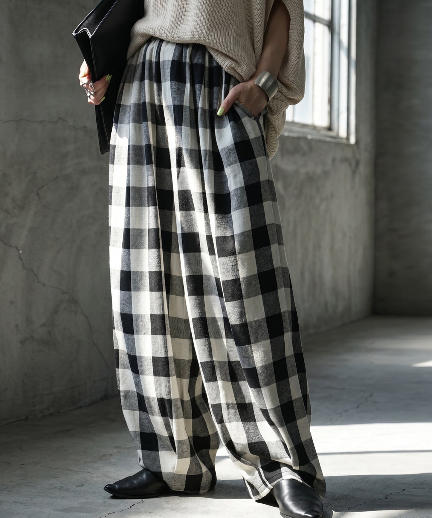Gingham Check Wide Balloon Pants Ladies