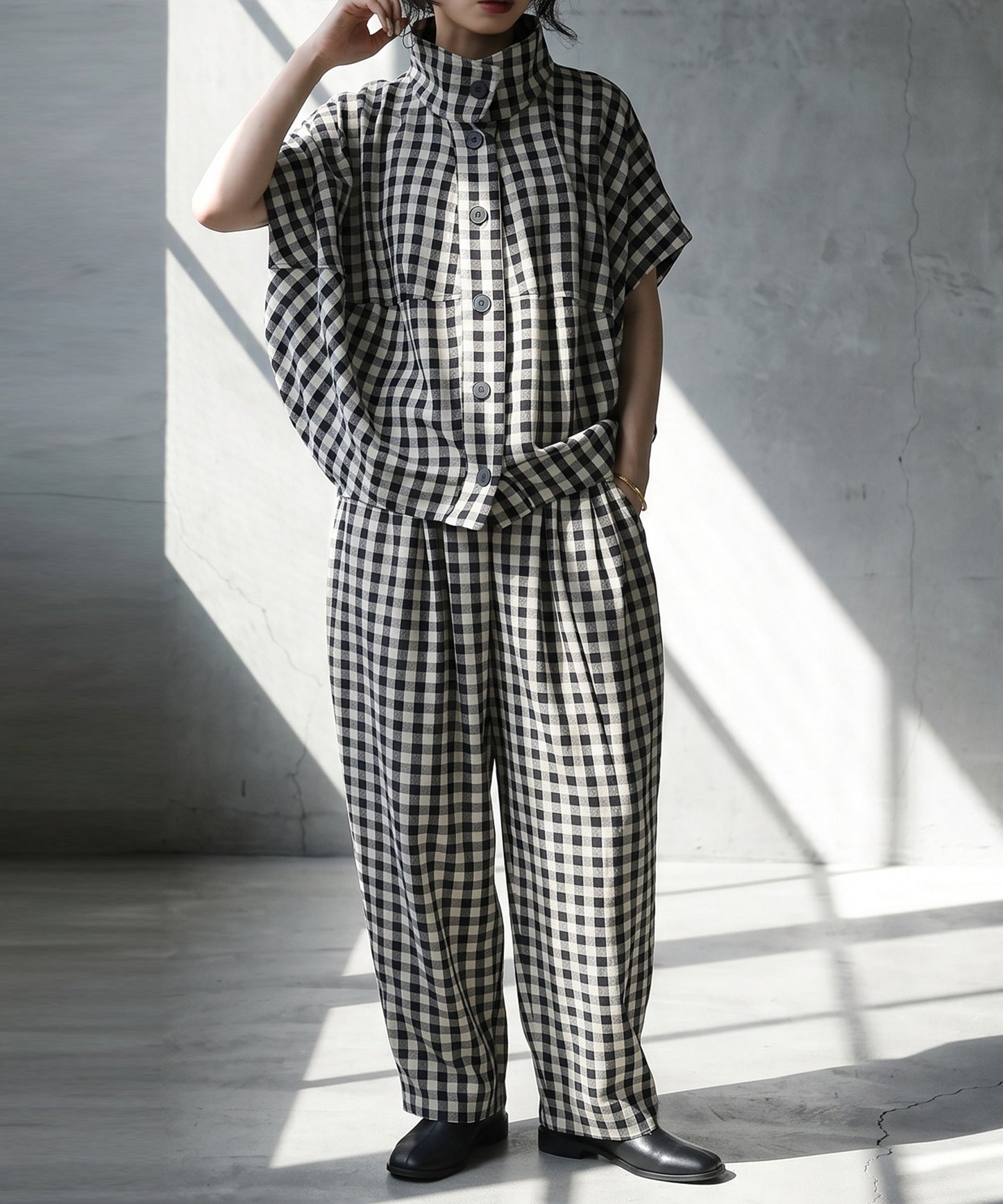 Gingham Check Wide Balloon Pants Ladies