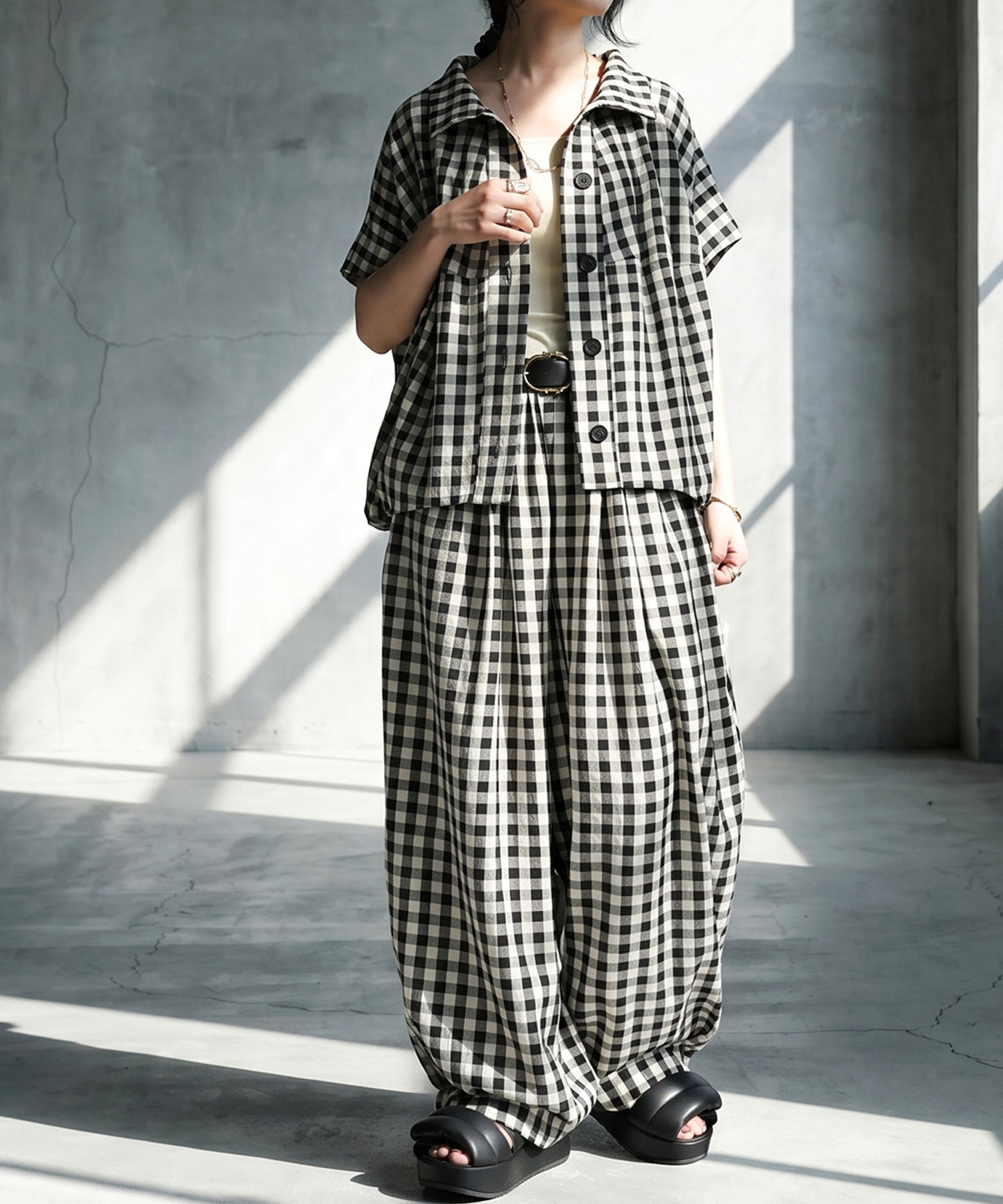 Gingham Check Wide Balloon Pants Ladies