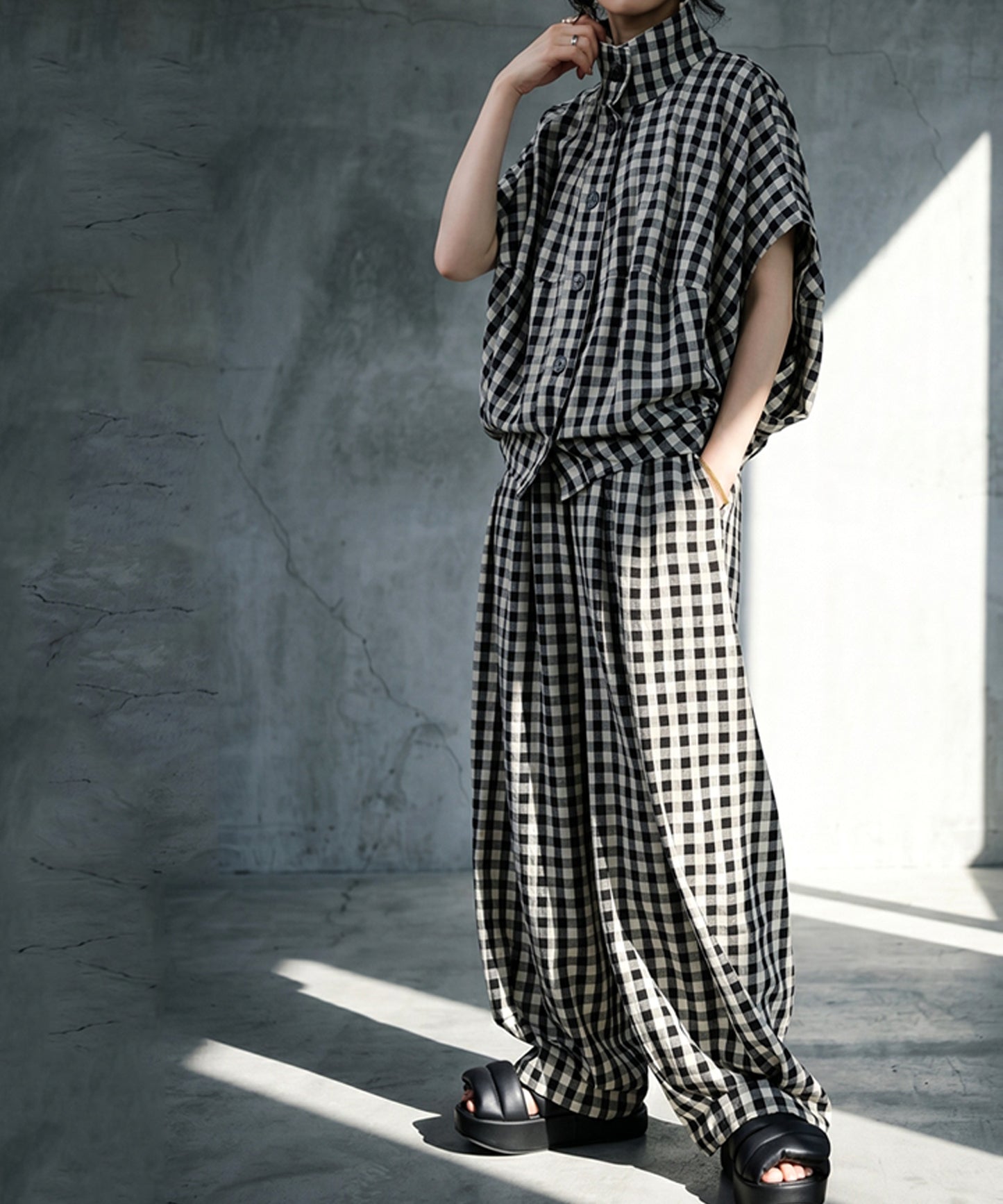 Gingham Check Wide Balloon Pants Ladies