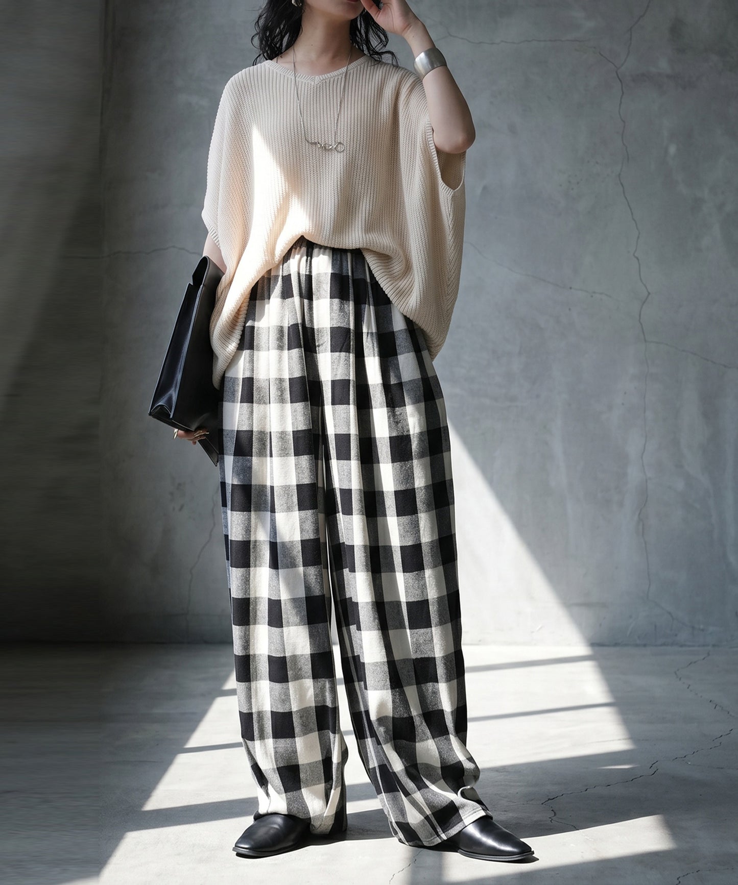 Gingham Check Wide Balloon Pants Ladies