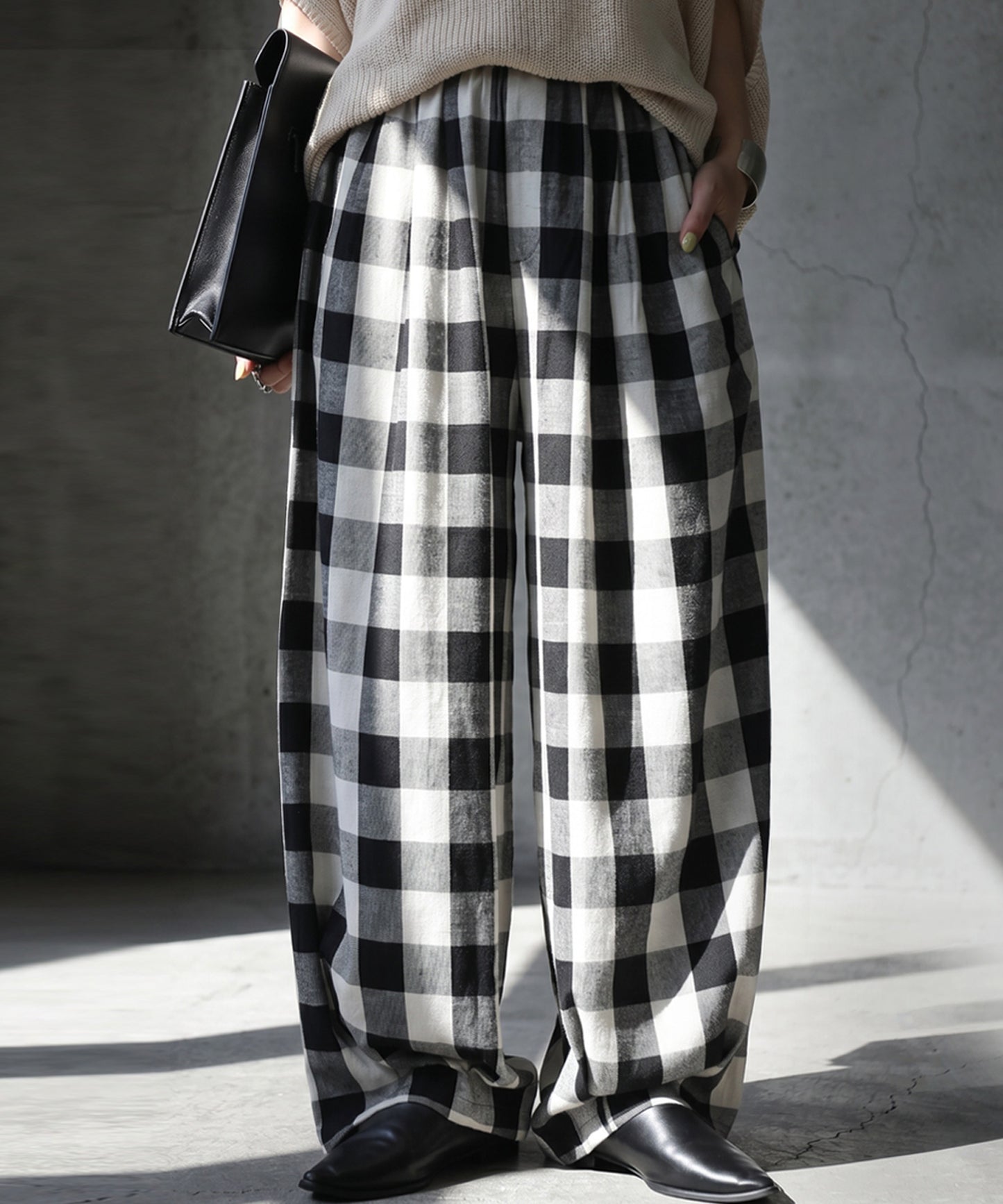 Gingham Check Wide Balloon Pants Ladies
