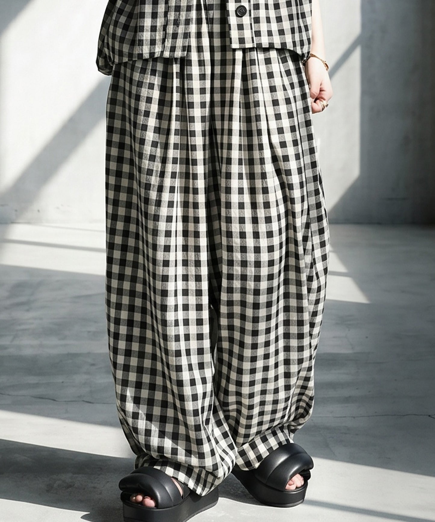 Gingham Check Wide Balloon Pants Ladies