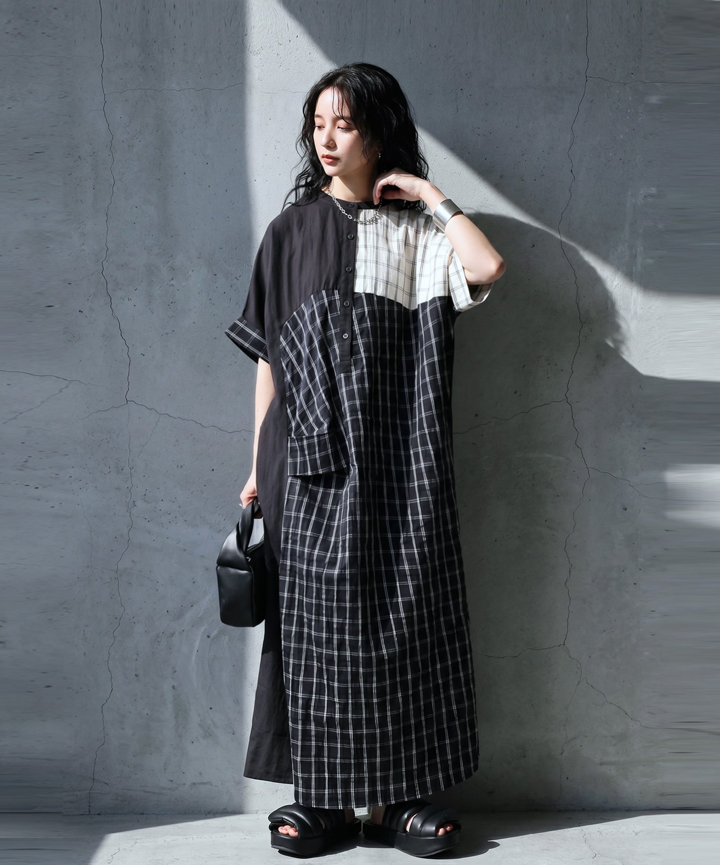 Mixed-Material Checkered Dress Ladies