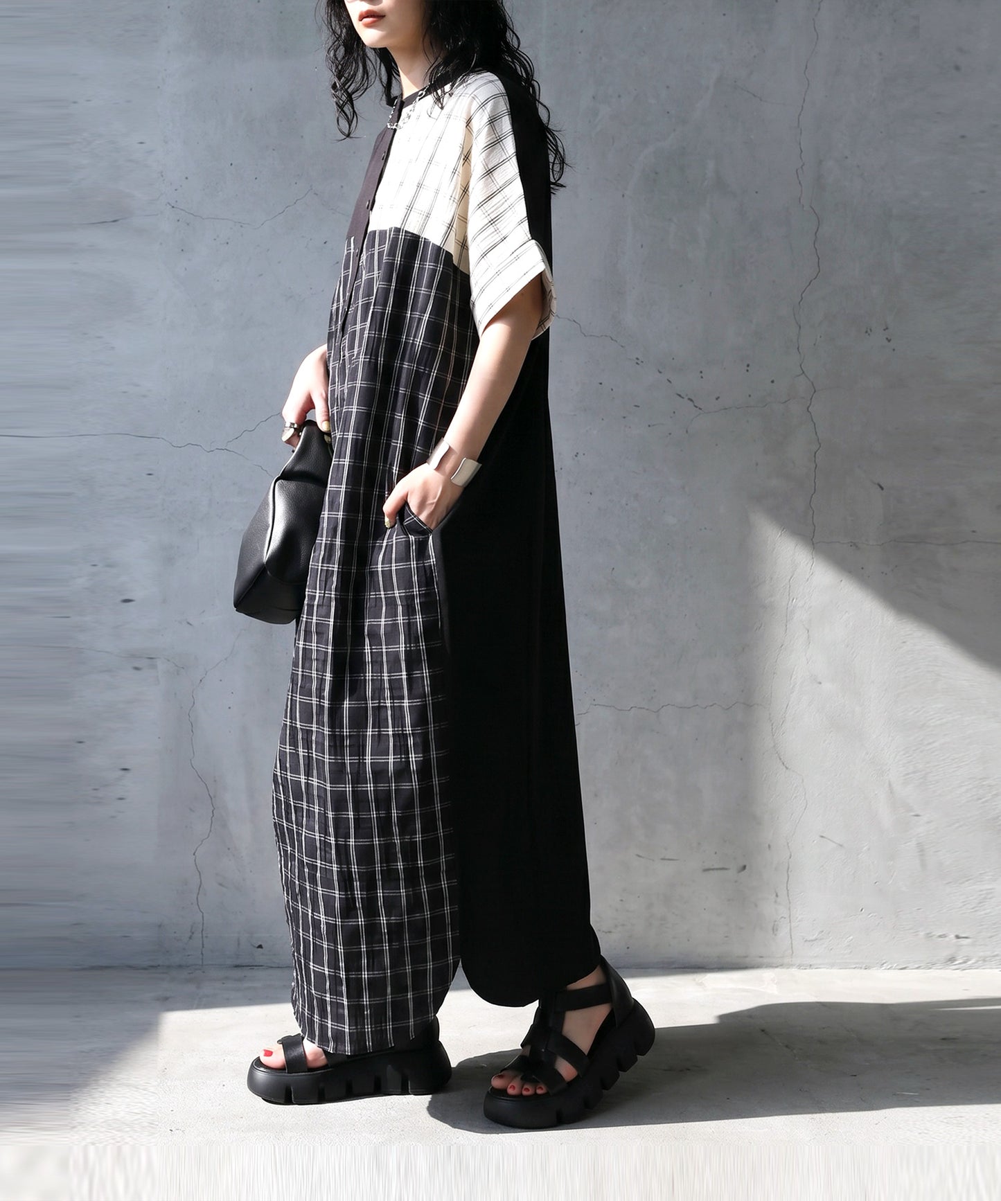 Mixed-Material Checkered Dress Ladies