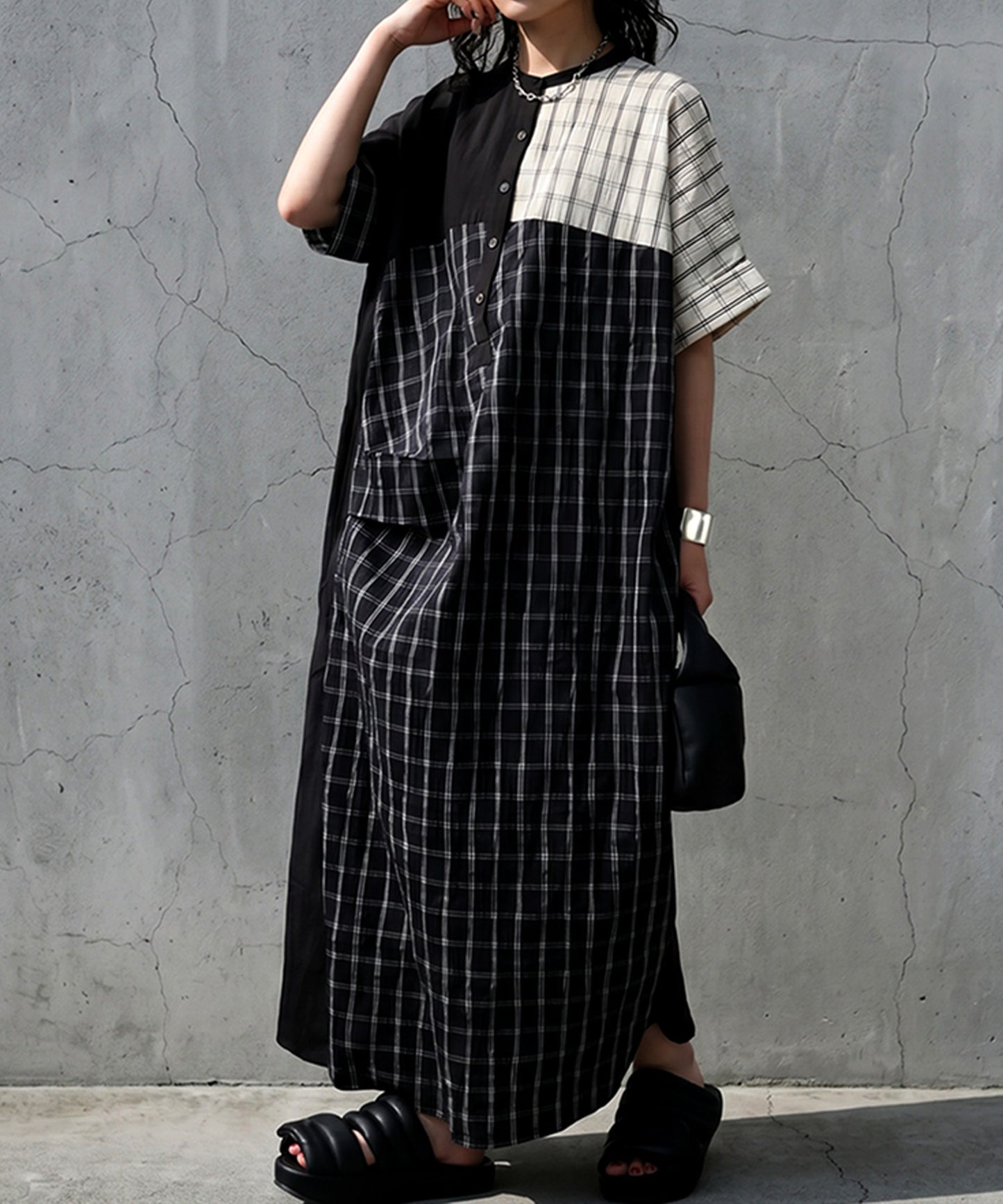 Mixed-Material Checkered Dress Ladies