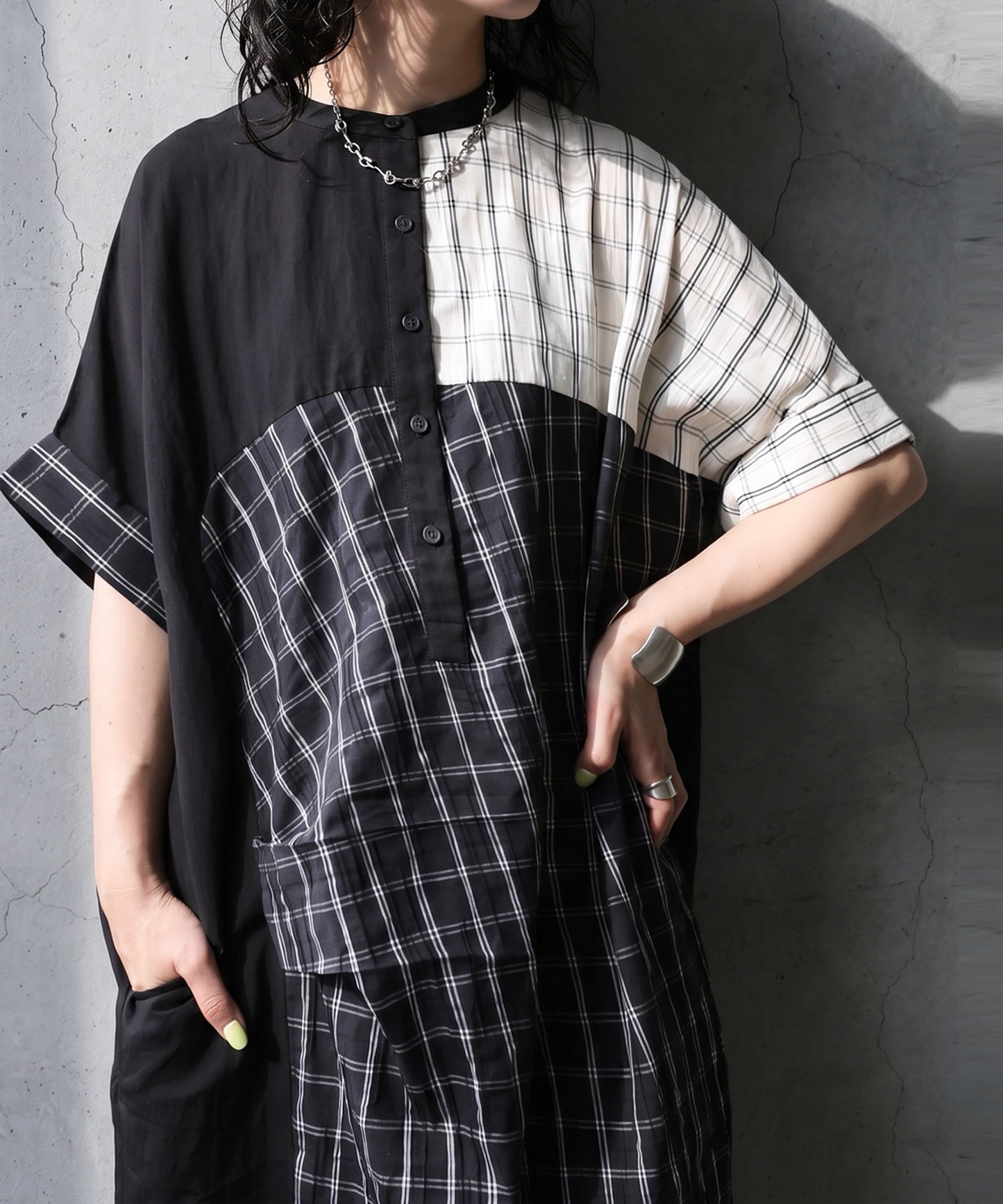 Mixed-Material Checkered Dress Ladies