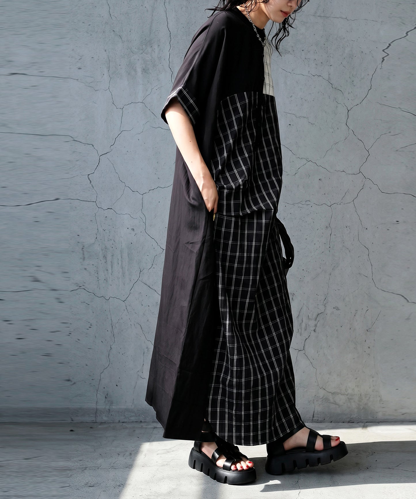 Mixed-Material Checkered Dress Ladies