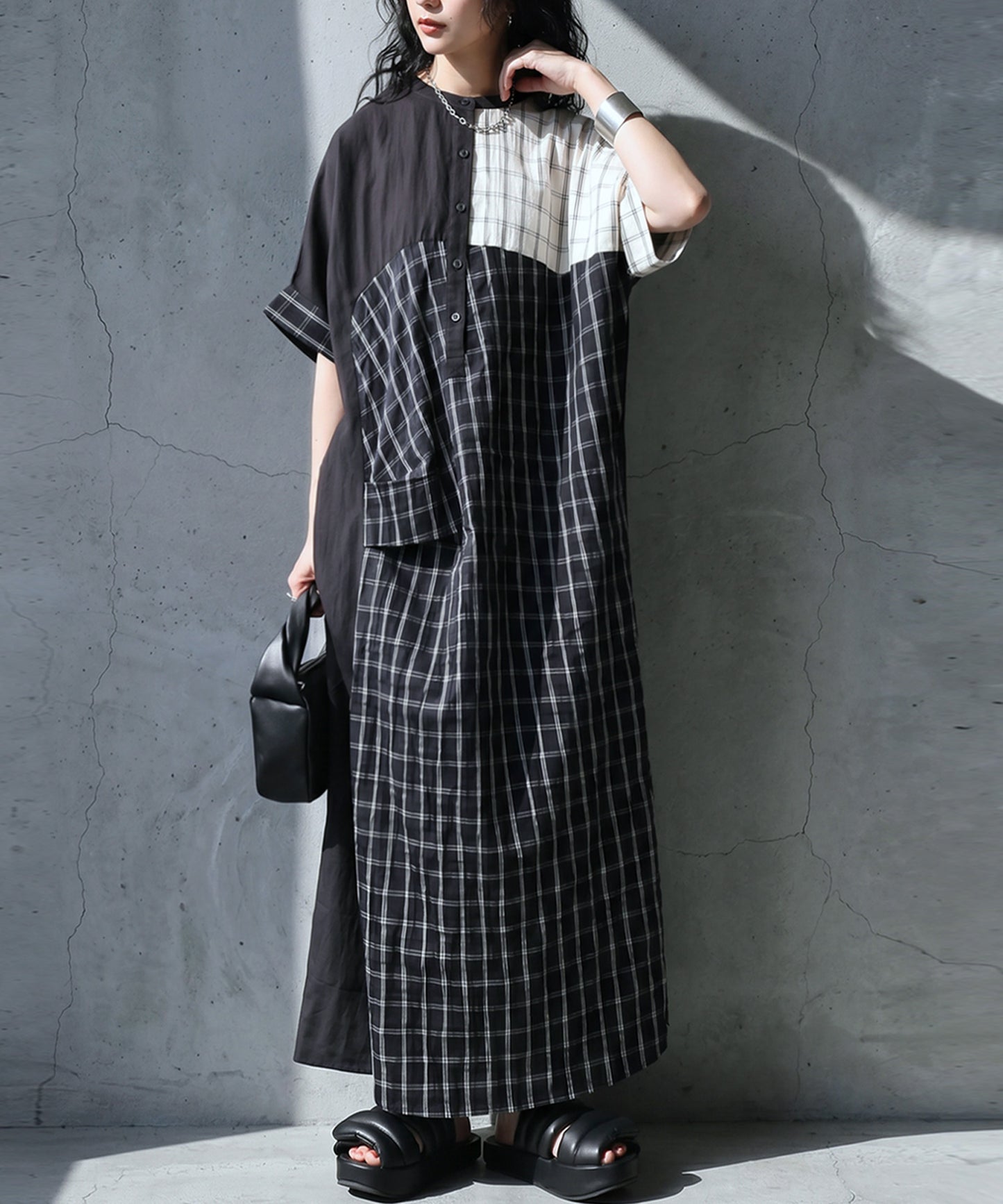 Mixed-Material Checkered Dress Ladies