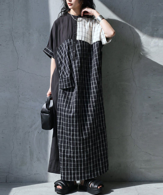 Mixed-Material Checkered Dress Ladies