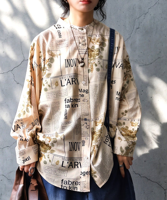Vintage Print Dolman Shirt With English Lettering Ladies