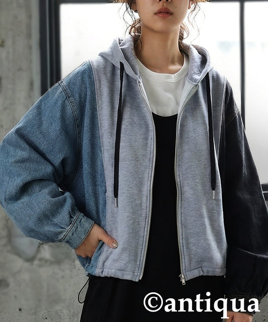 Mixed-Material Fleece And Denim Hoodie Ladies
