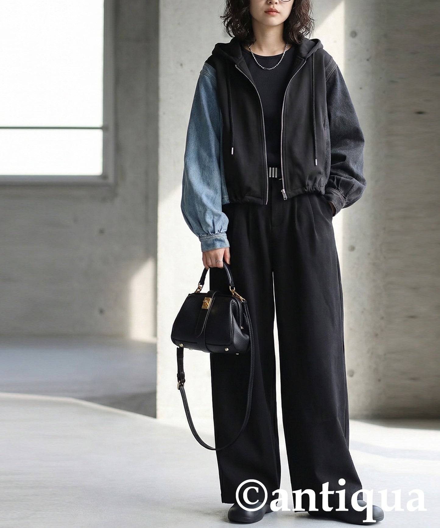 Mixed-Material Fleece And Denim Hoodie Ladies