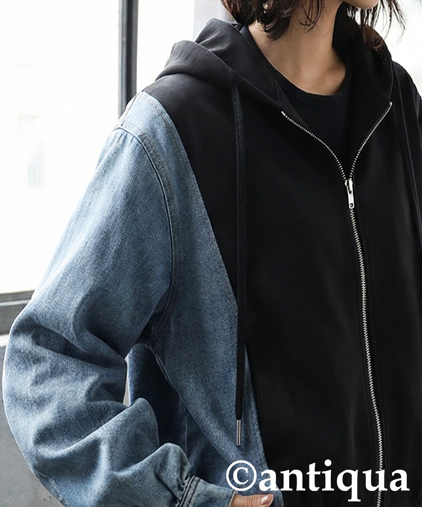 Mixed-Material Fleece And Denim Hoodie Ladies