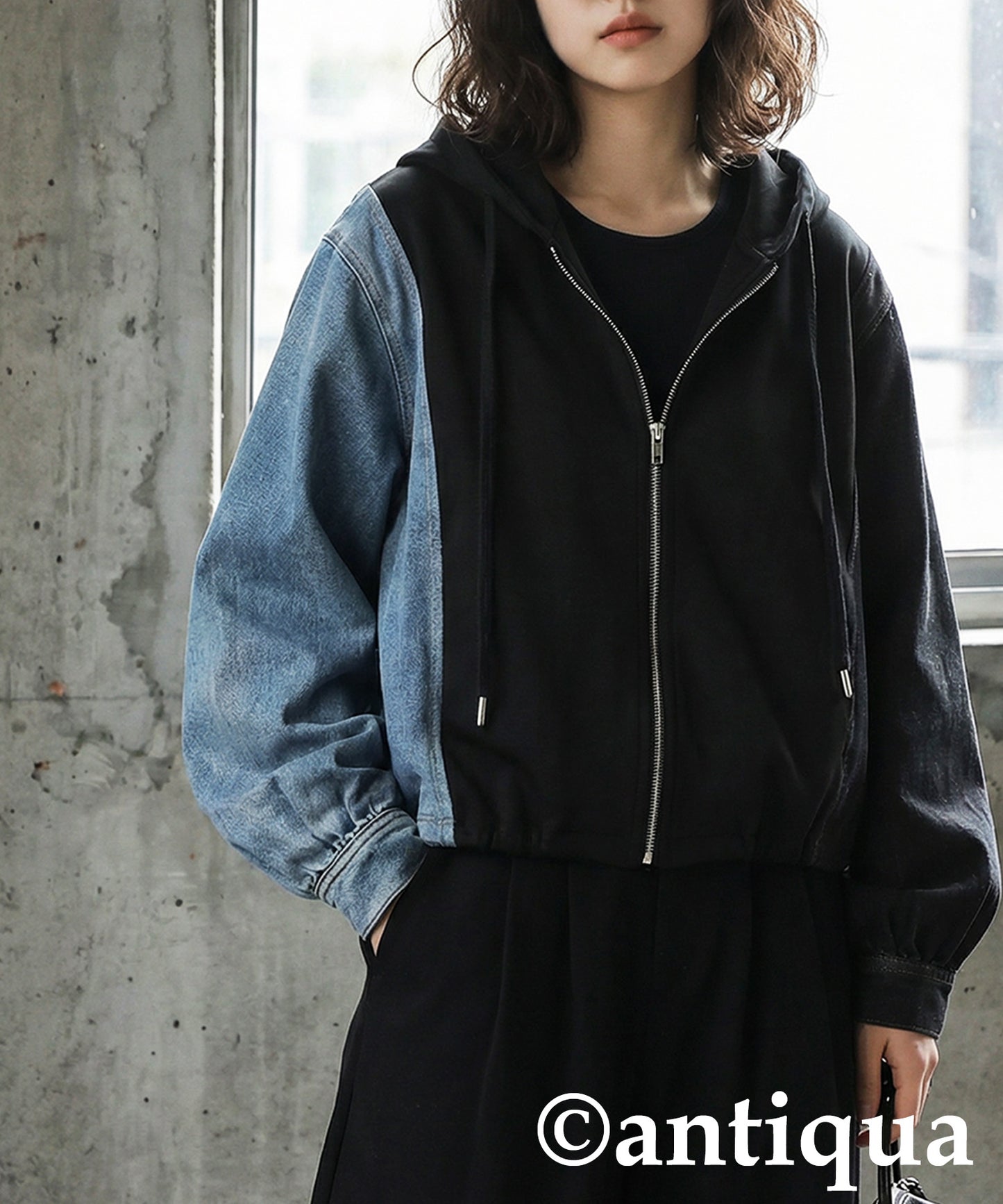 Mixed-Material Fleece And Denim Hoodie Ladies
