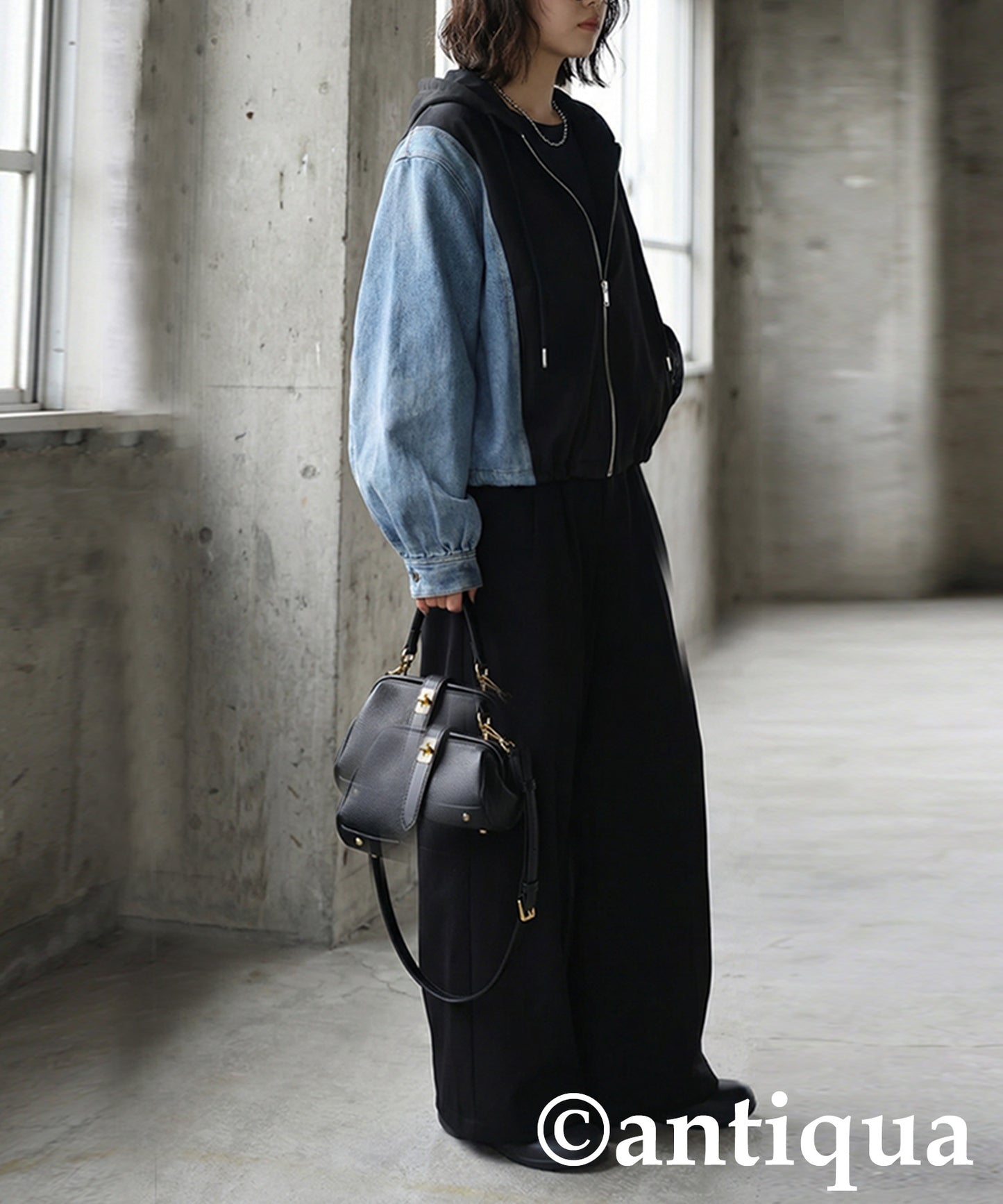 Mixed-Material Fleece And Denim Hoodie Ladies