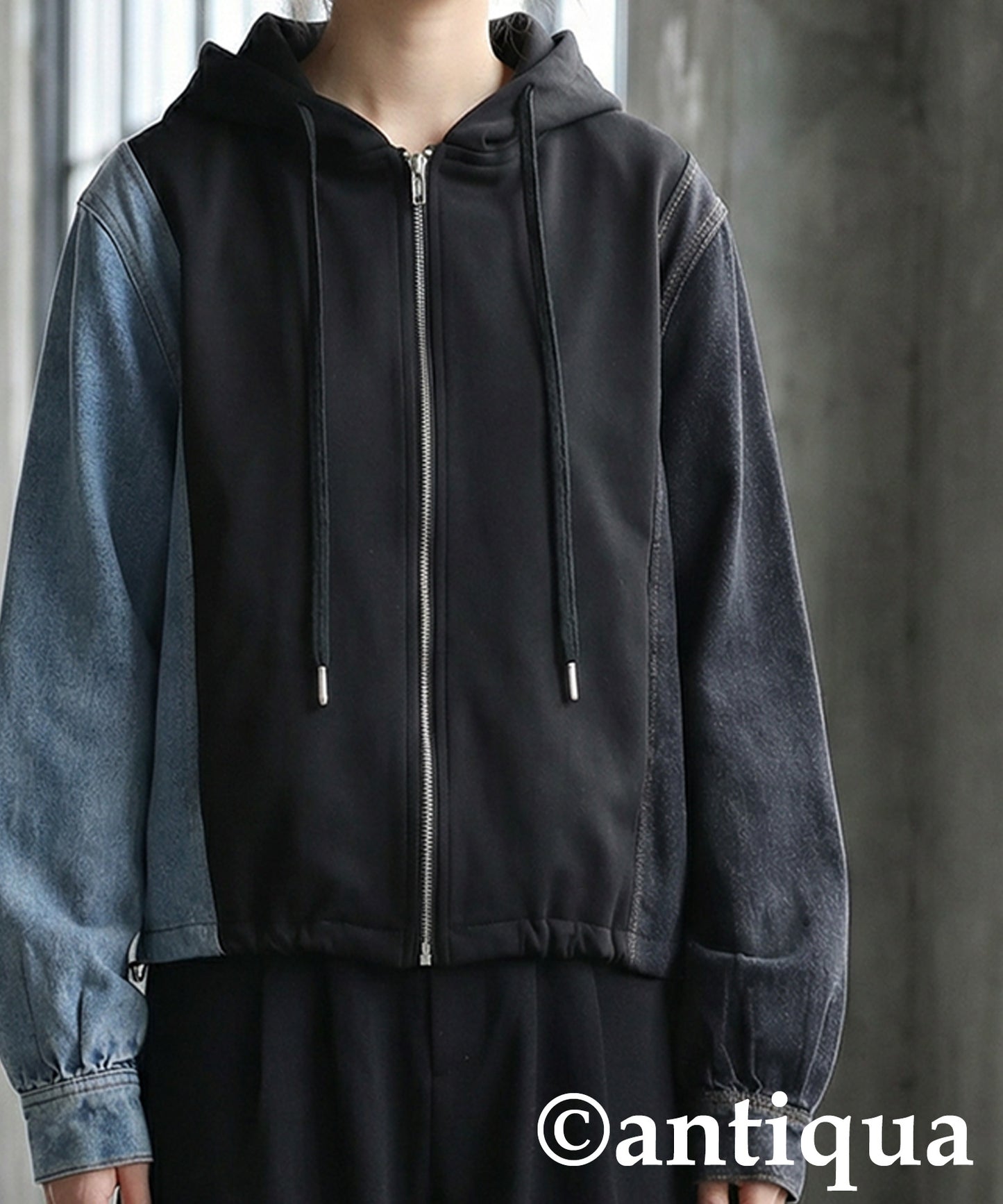 Mixed-Material Fleece And Denim Hoodie Ladies