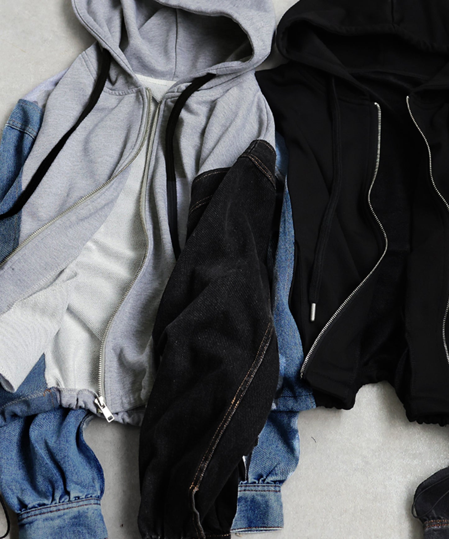 Mixed-Material Fleece And Denim Hoodie Ladies