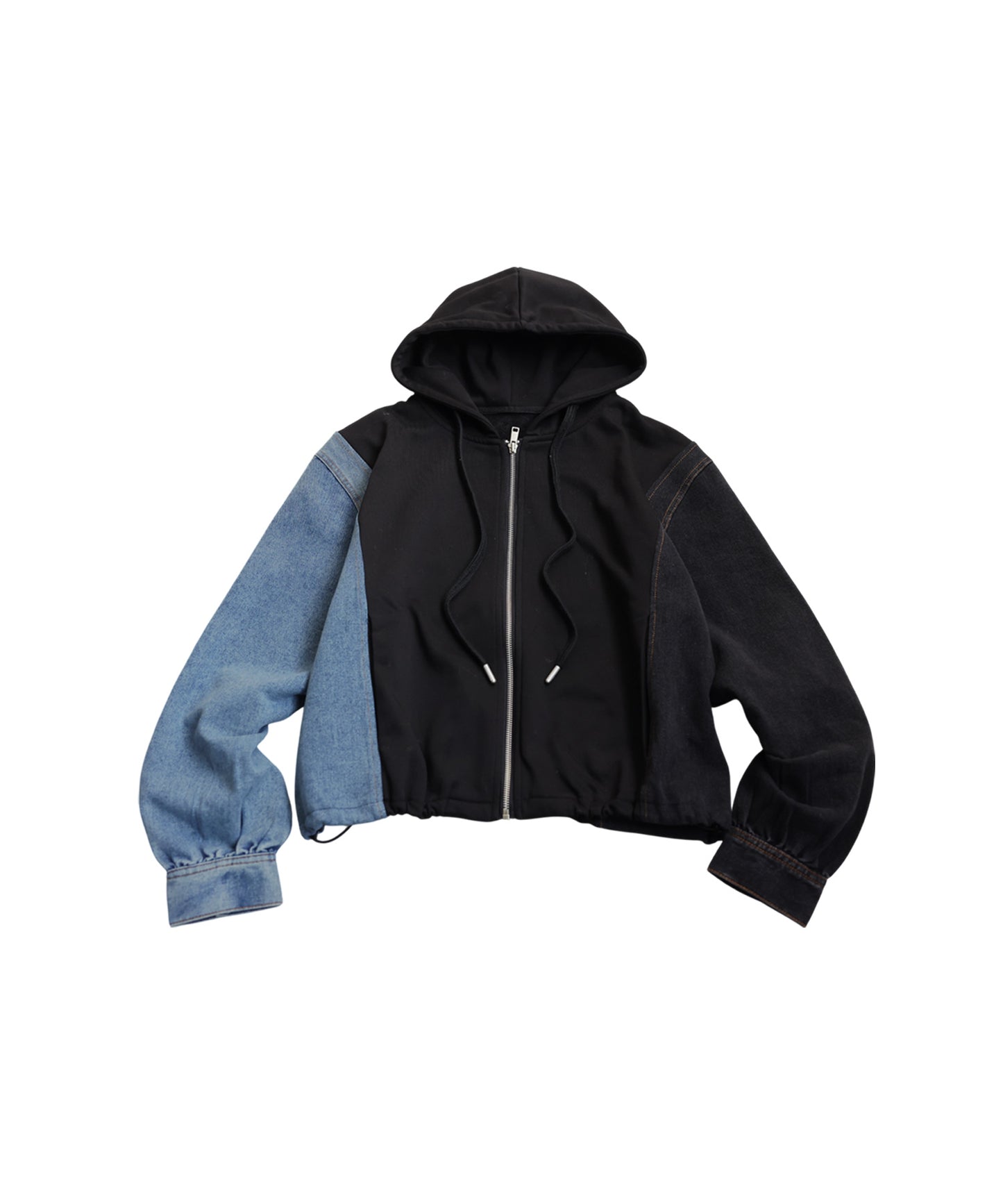 Mixed-Material Fleece And Denim Hoodie Ladies