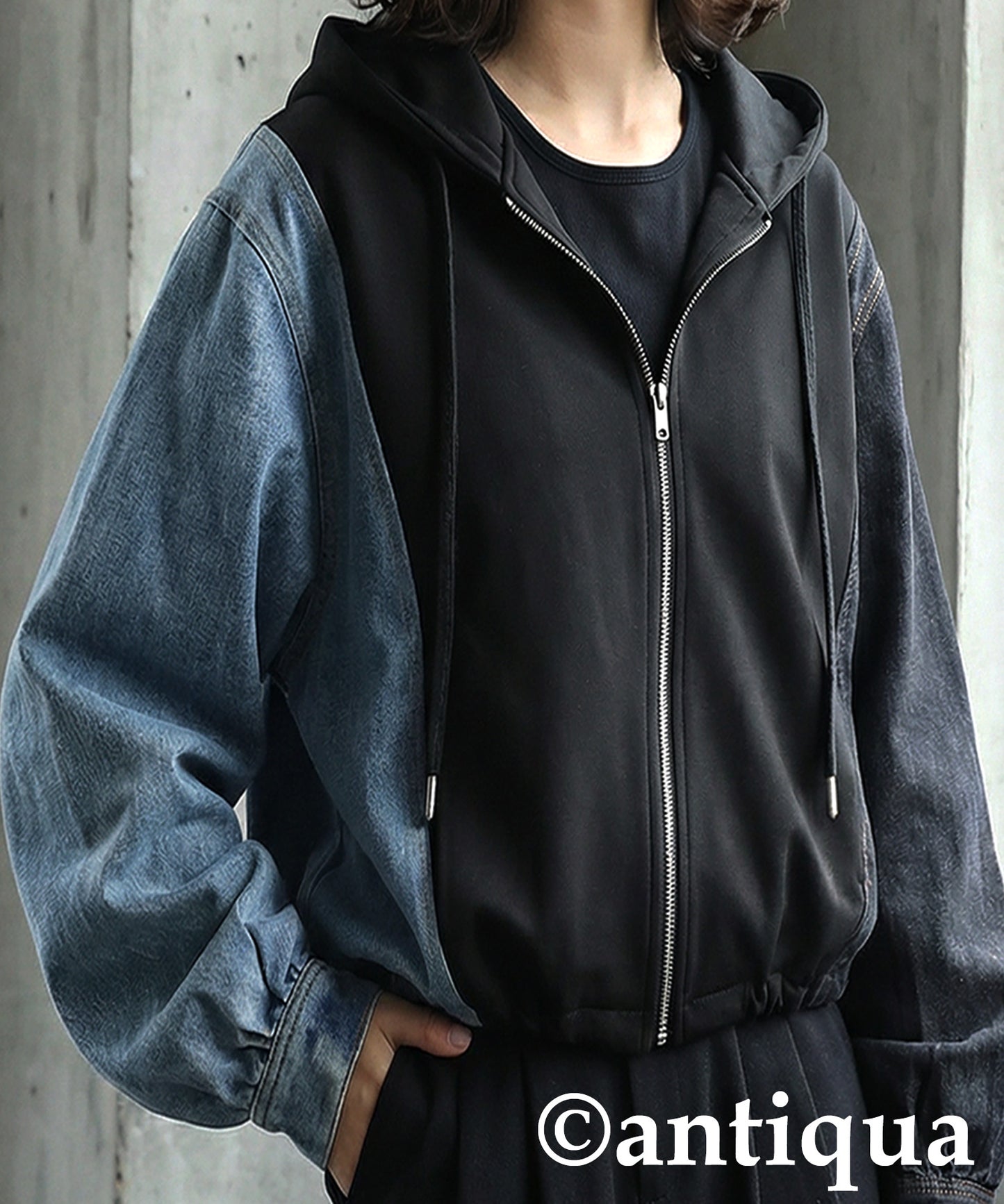 Mixed-Material Fleece And Denim Hoodie Ladies