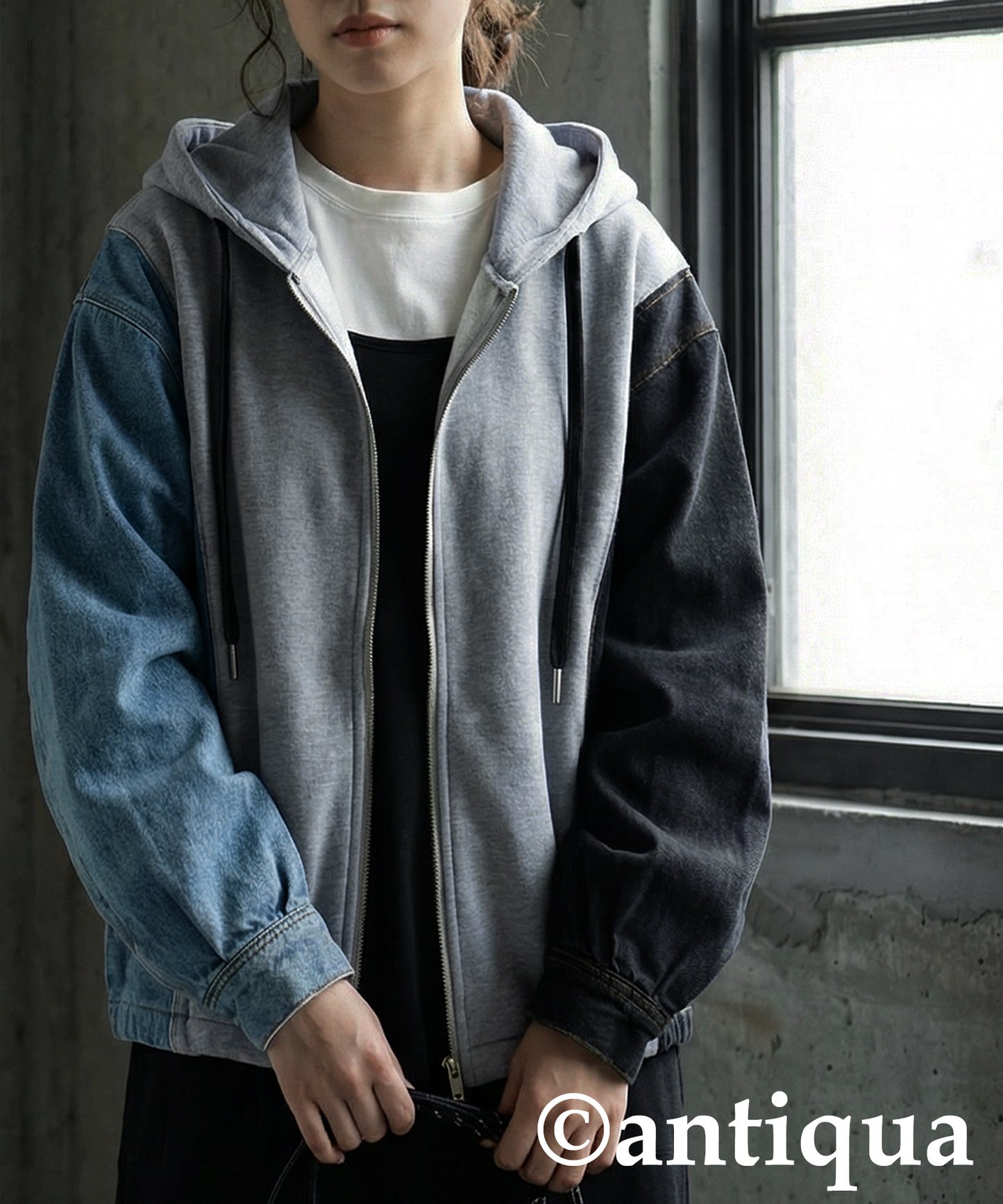 Mixed-Material Fleece And Denim Hoodie Ladies