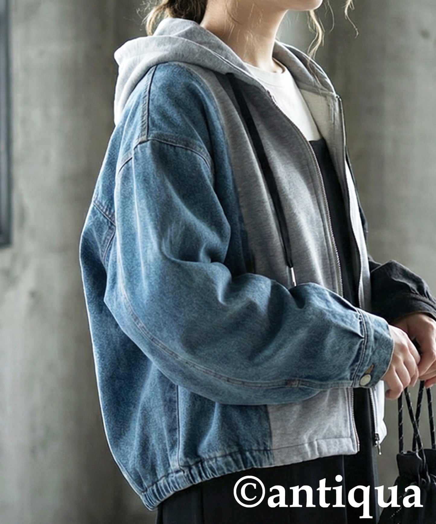 Mixed-Material Fleece And Denim Hoodie Ladies