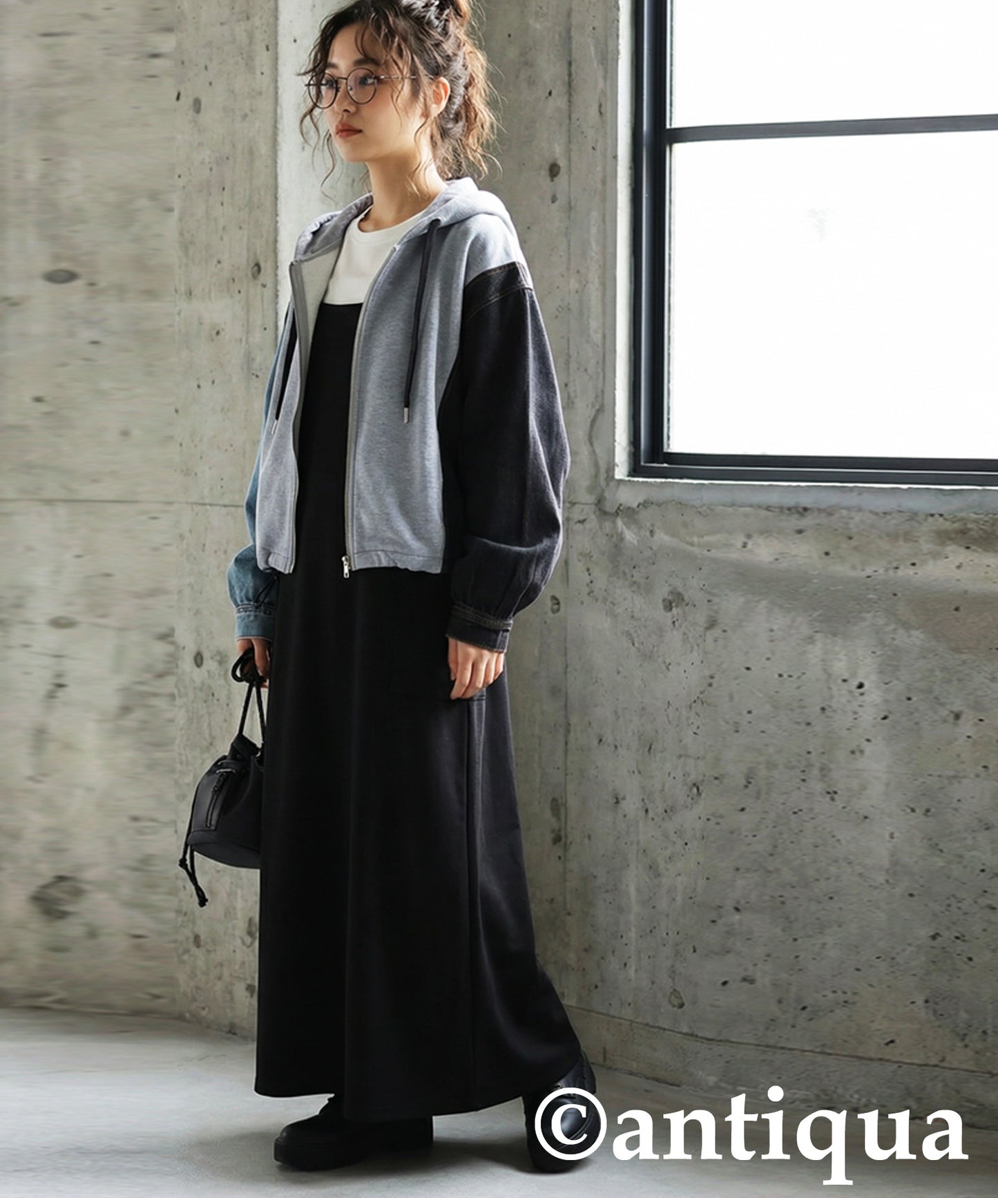 Mixed-Material Fleece And Denim Hoodie Ladies