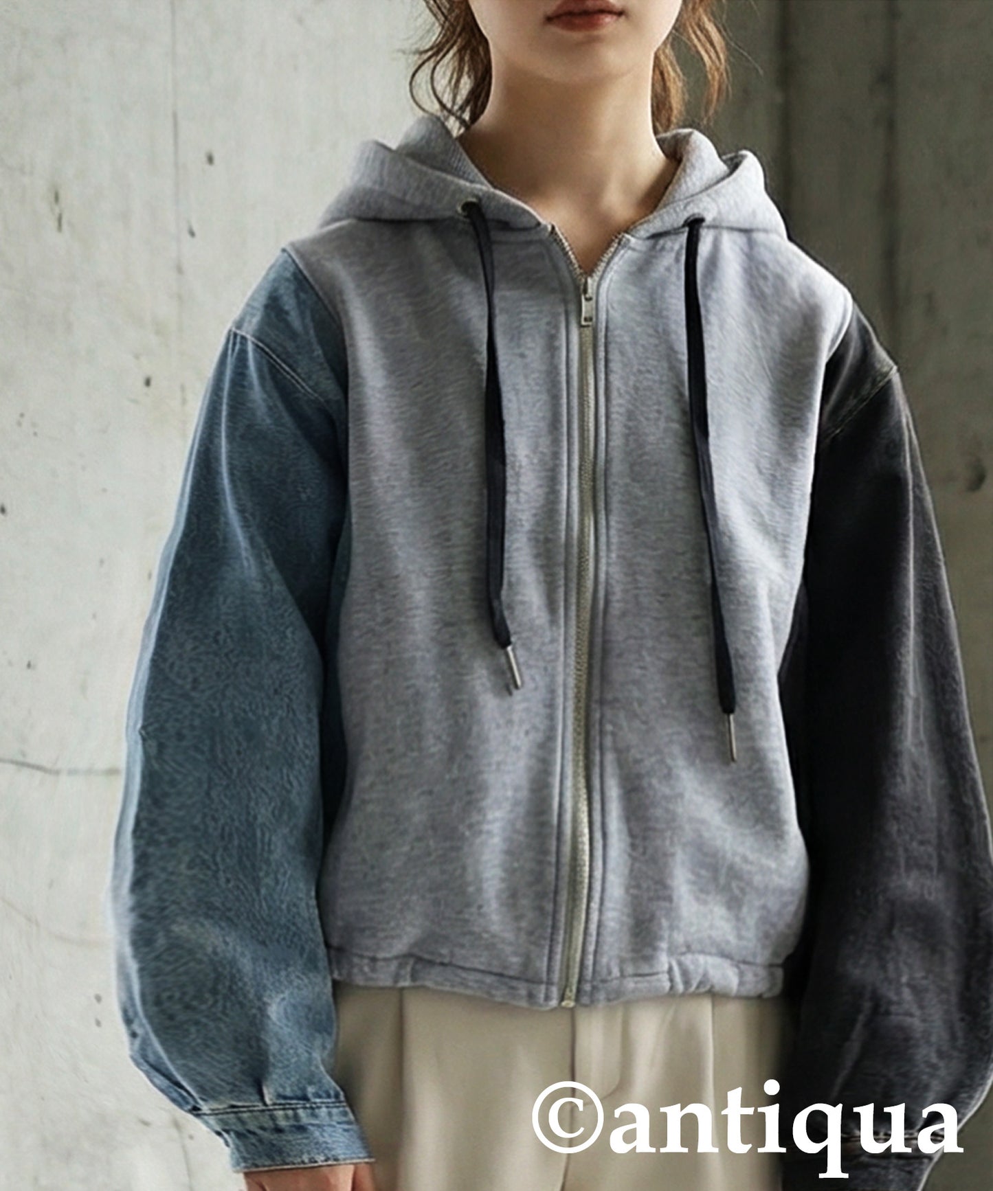 Mixed-Material Fleece And Denim Hoodie Ladies