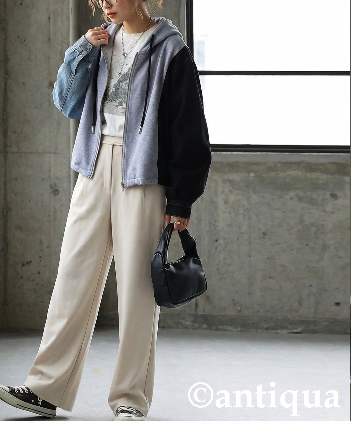 Mixed-Material Fleece And Denim Hoodie Ladies