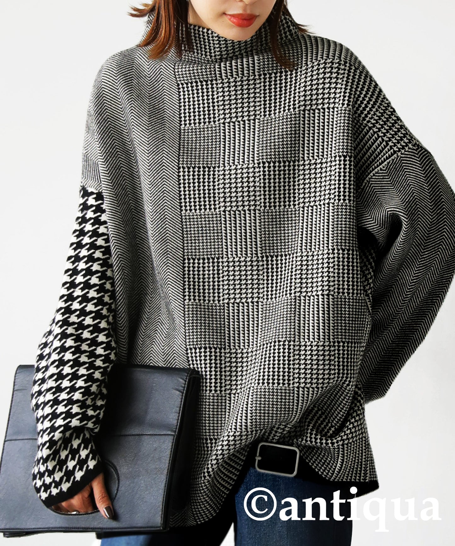 CHIDORI（houndstooth check）Pattern Switchig Sweater Ladies