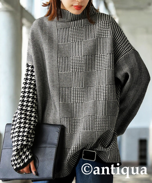 CHIDORI（houndstooth check）Pattern Switchig Sweater Ladies