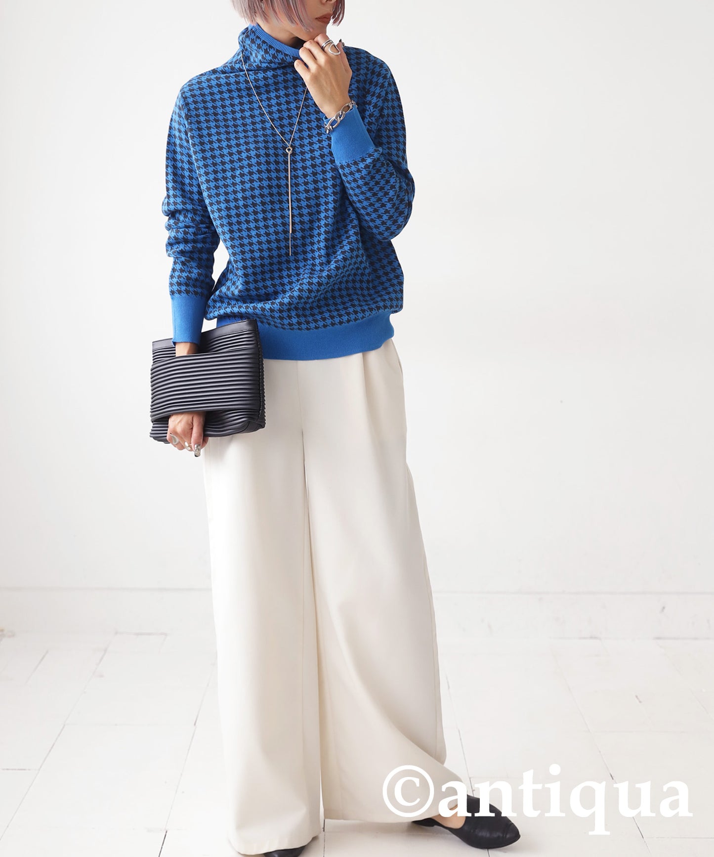 CHIDORI (houndstooth) pattern turtleneck knit Ladies