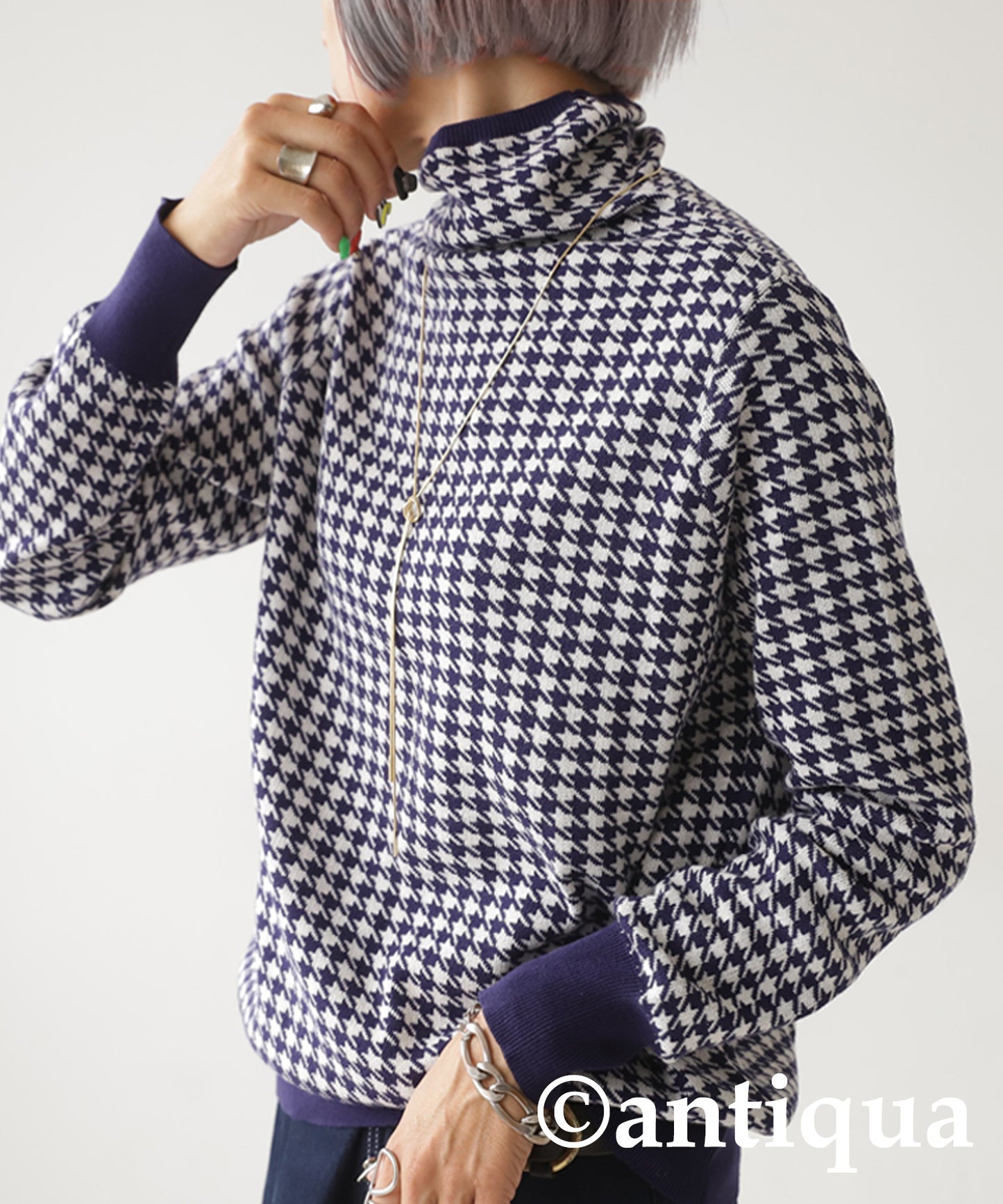 CHIDORI (houndstooth) pattern turtleneck knit Ladies