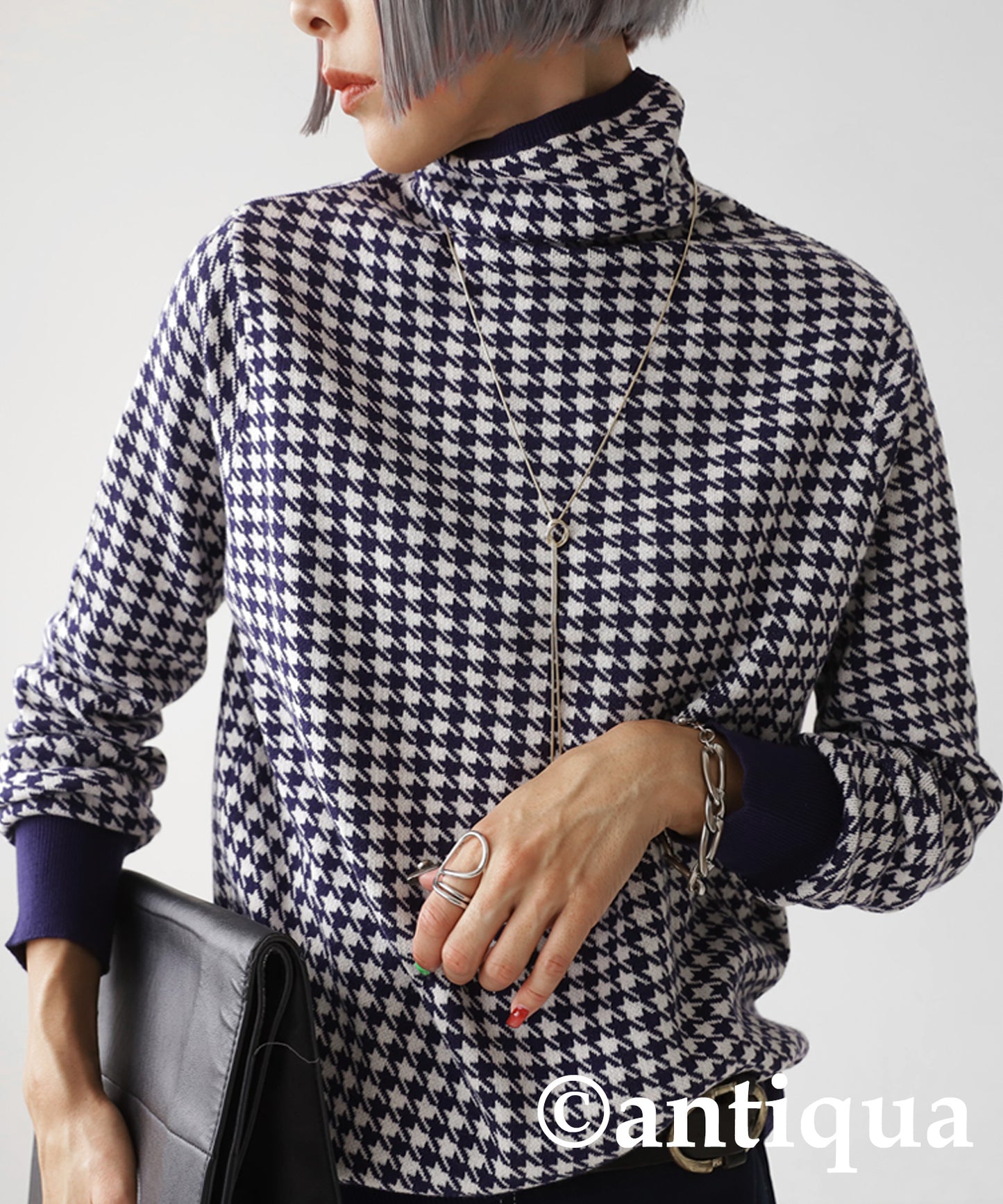 CHIDORI (houndstooth) pattern turtleneck knit Ladies