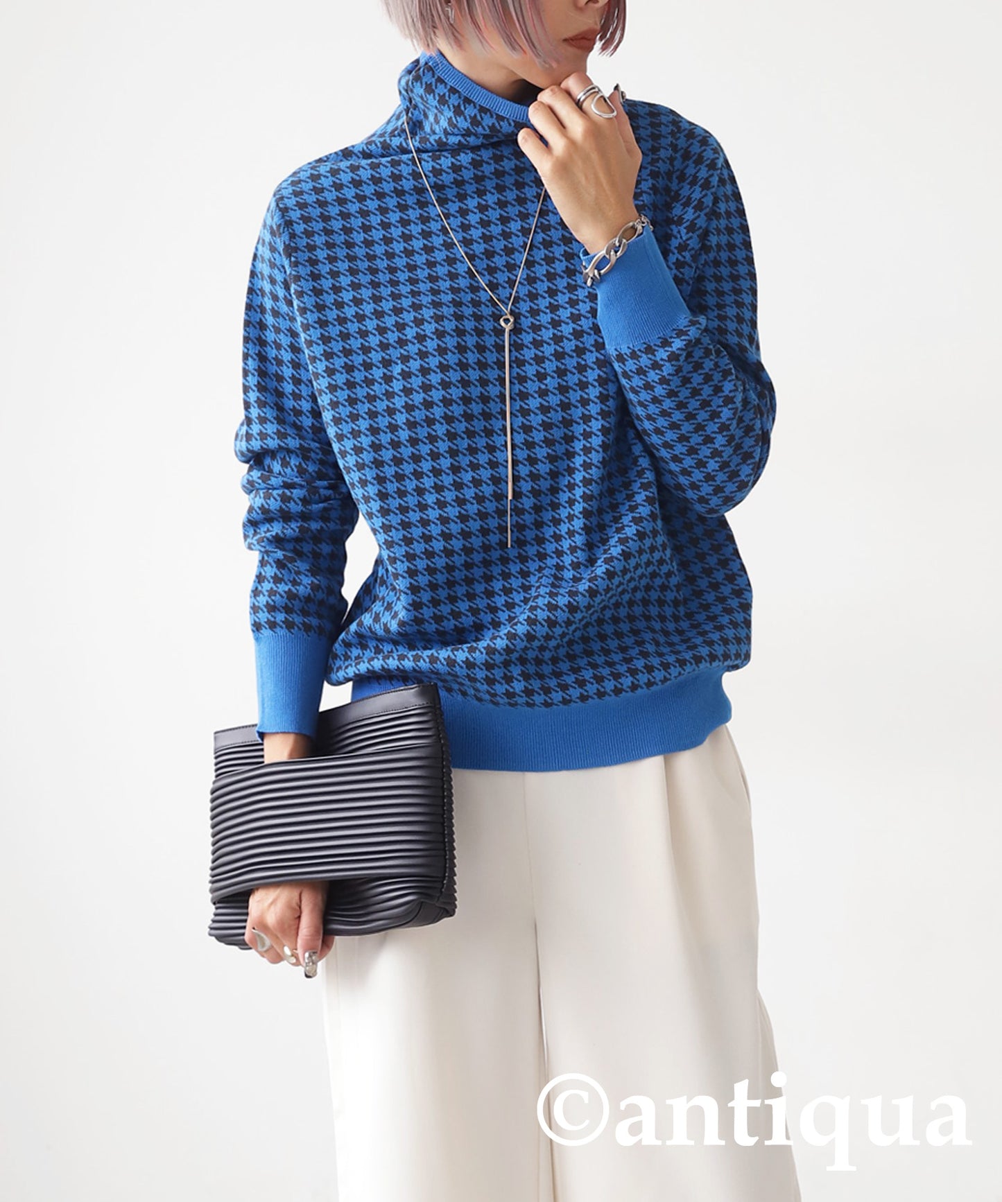 CHIDORI (houndstooth) pattern turtleneck knit Ladies