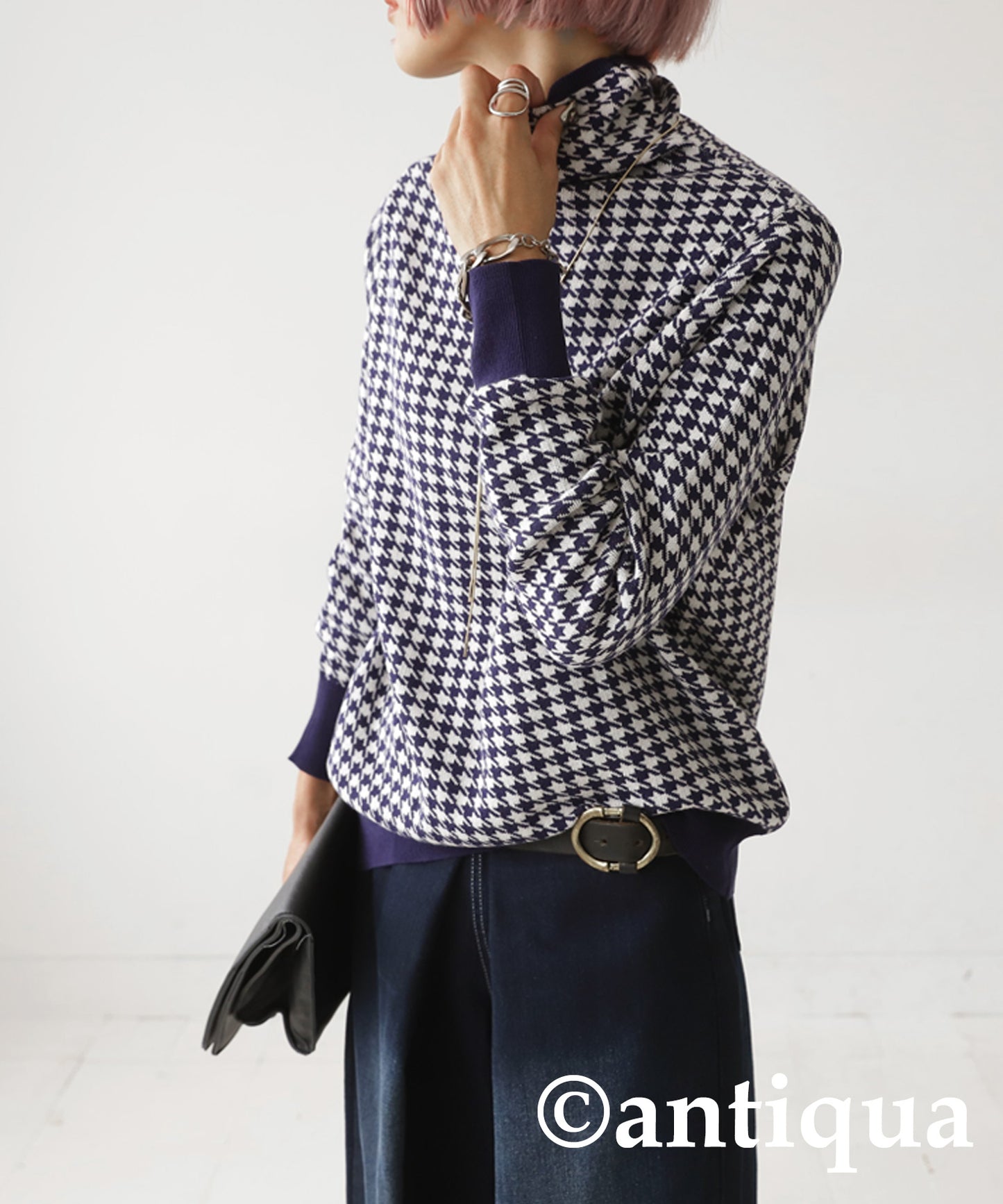 CHIDORI (houndstooth) pattern turtleneck knit Ladies