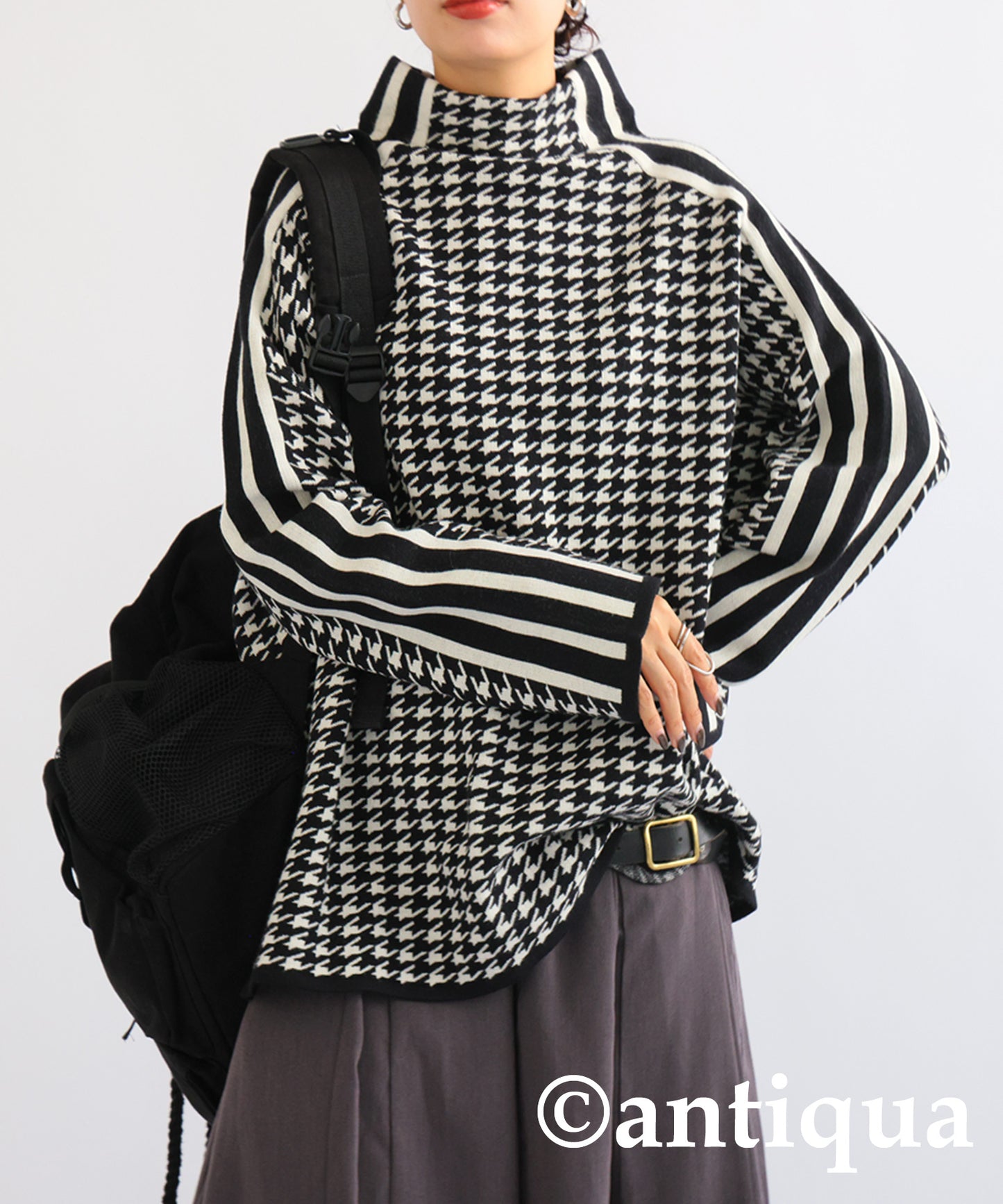 Houndstooth pattern Mock neck Knit tops Ladies