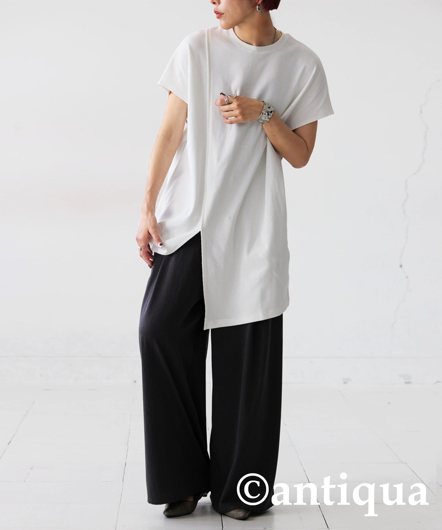 Slit Long Rib Tops Ladies