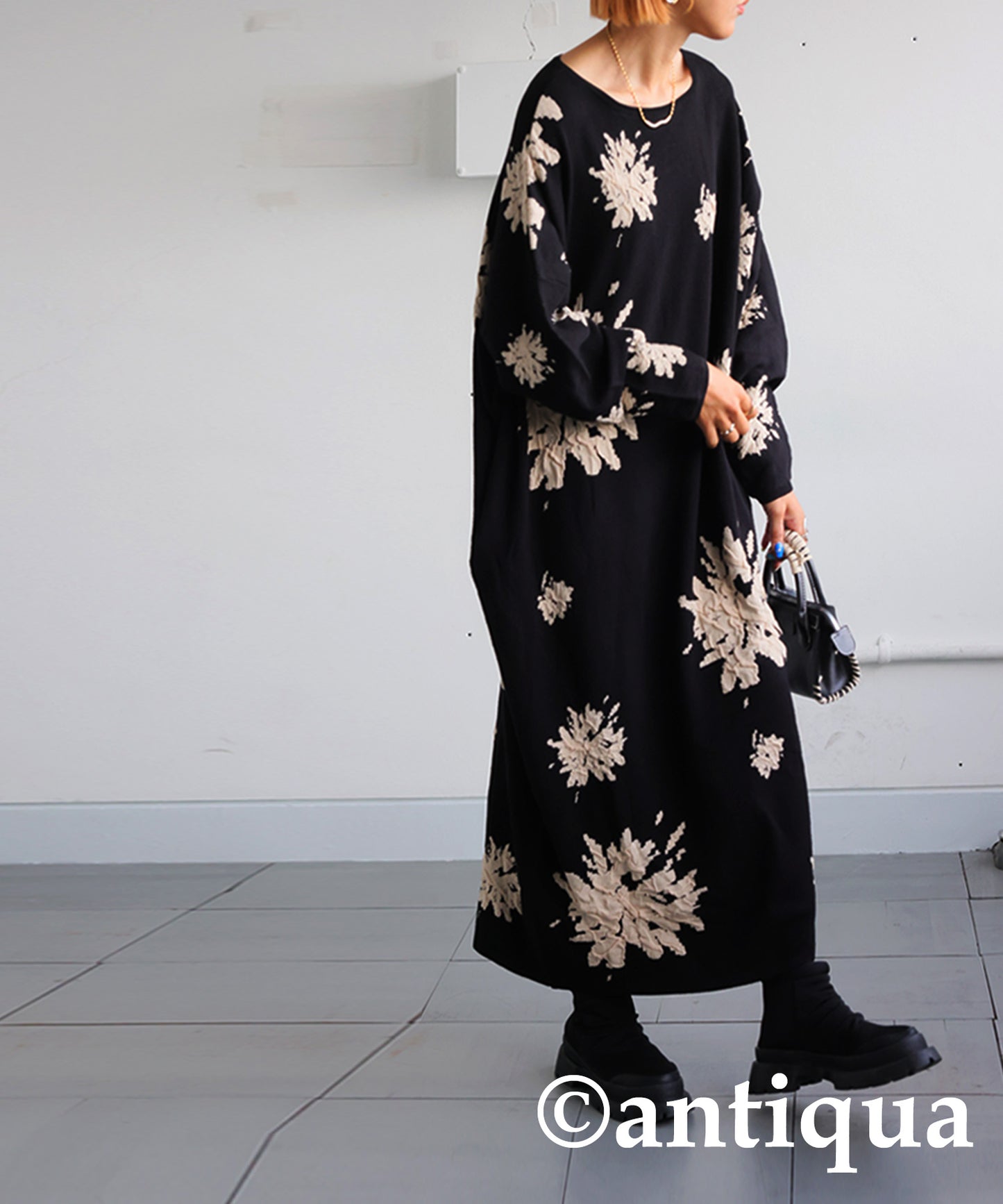 Floral Pattern Dolman Knit Dress Ladies