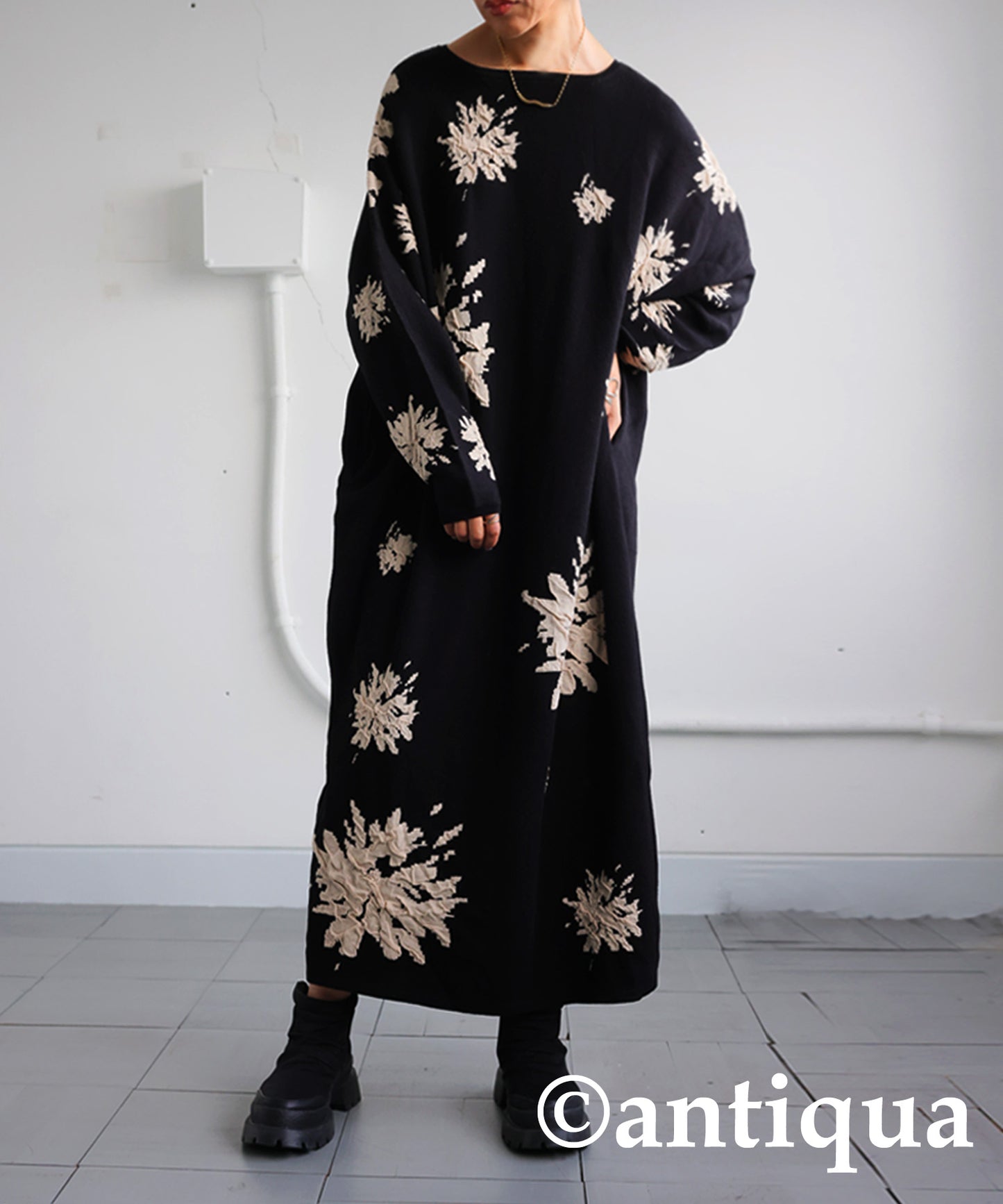 Floral Pattern Dolman Knit Dress Ladies