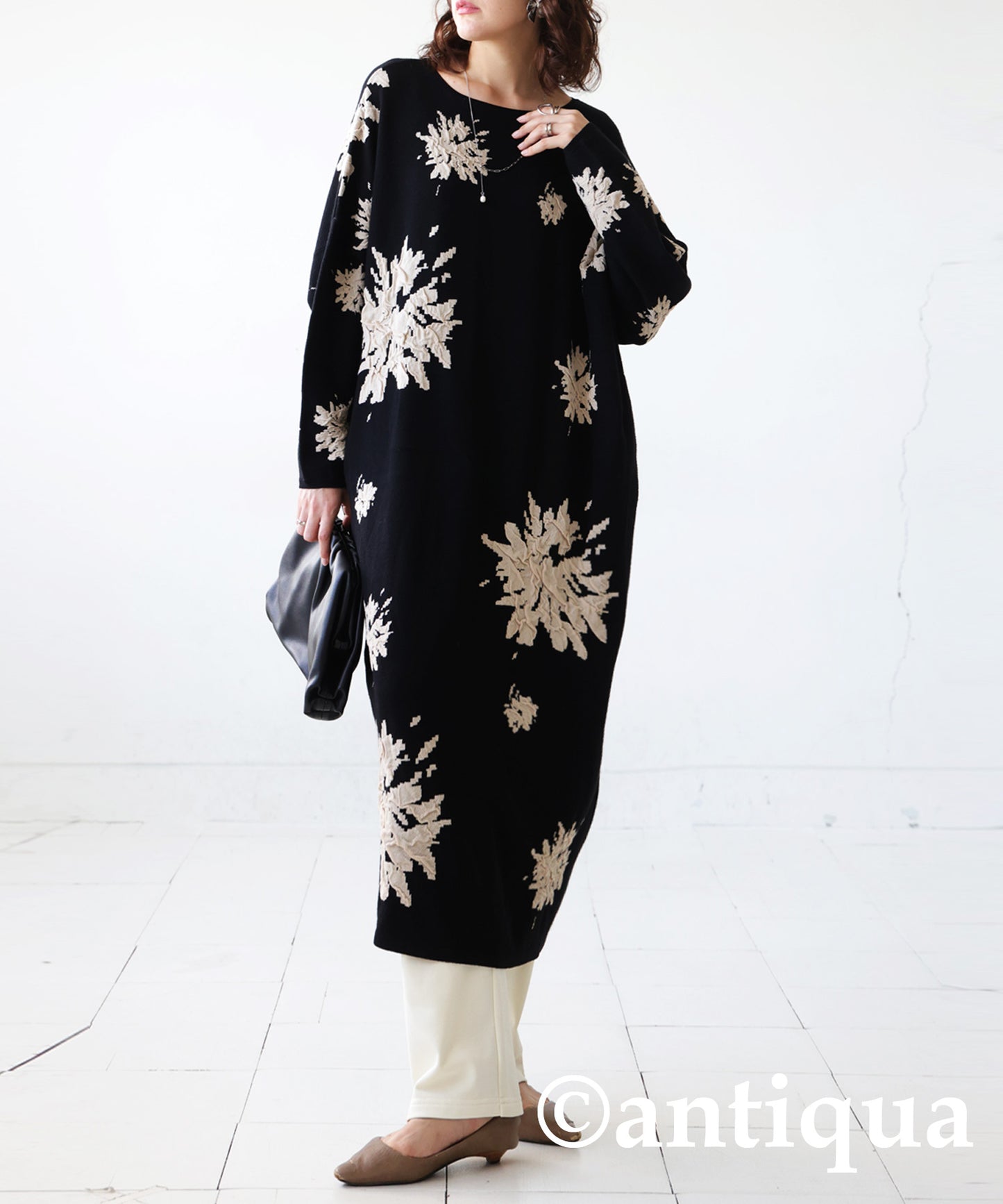 Floral Pattern Dolman Knit Dress Ladies