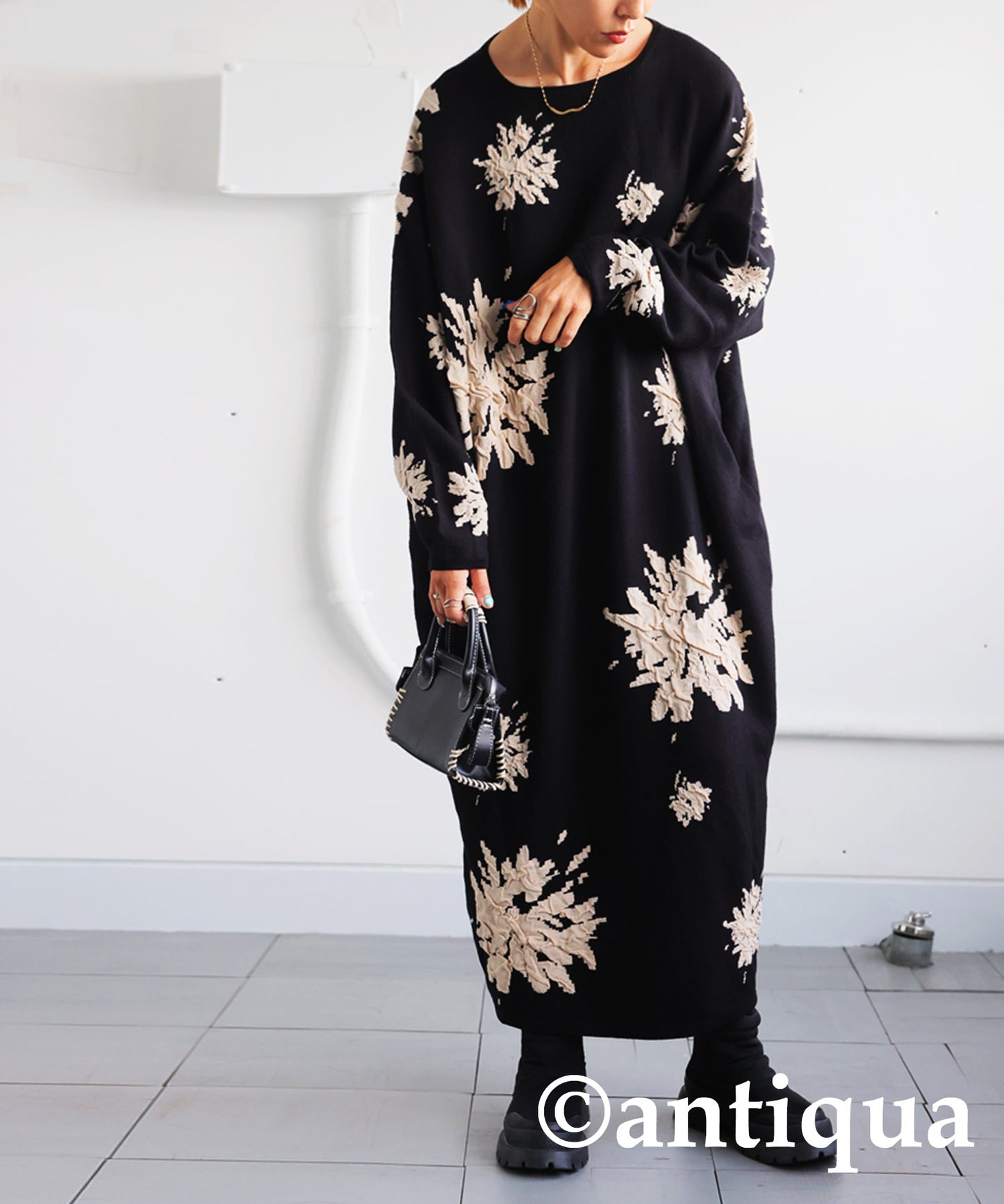 Floral Pattern Dolman Knit Dress Ladies