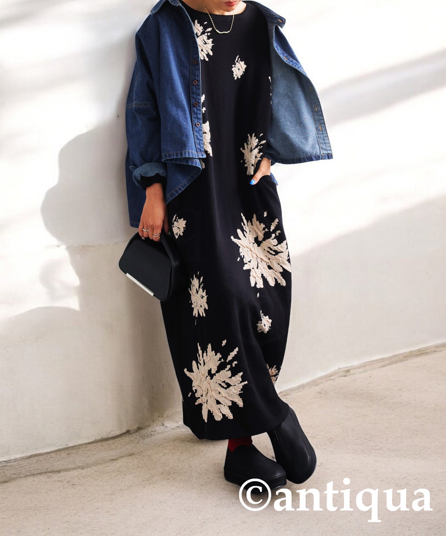 Floral Pattern Dolman Knit Dress Ladies